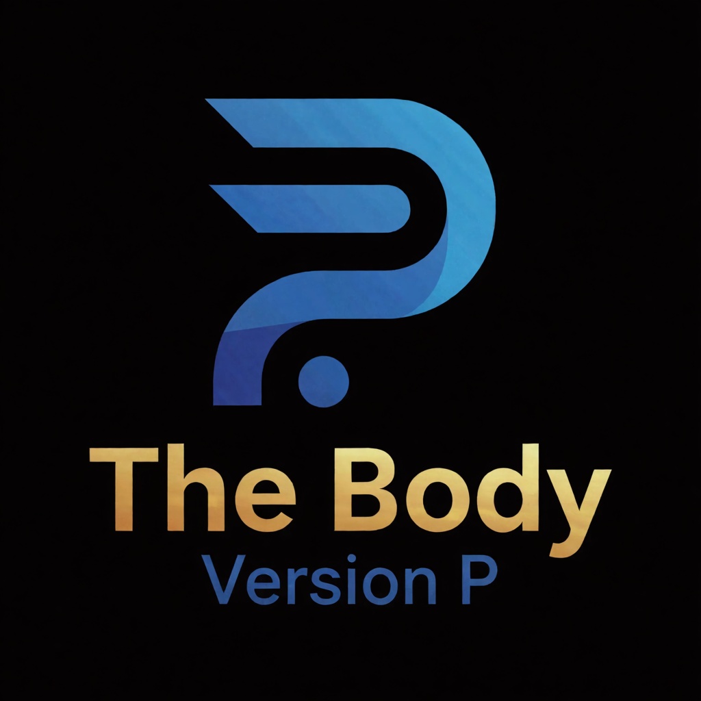 a blue logo of the letter "P",  above the golden text "The Body" underneath blue text "Version P",  black background on Te...