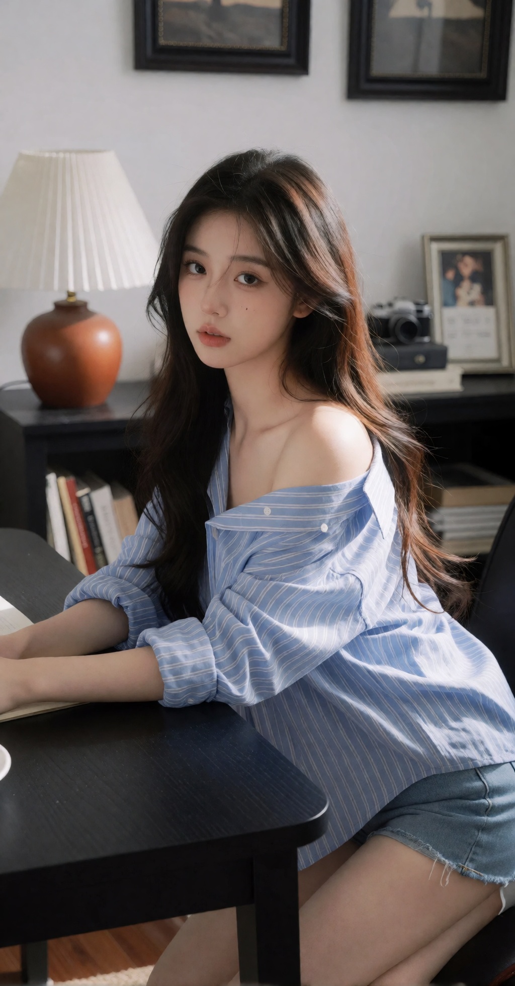 the image portrays a young woman seated in a cozy,  softly lit indoor setting,  she has long on Tensor.Art