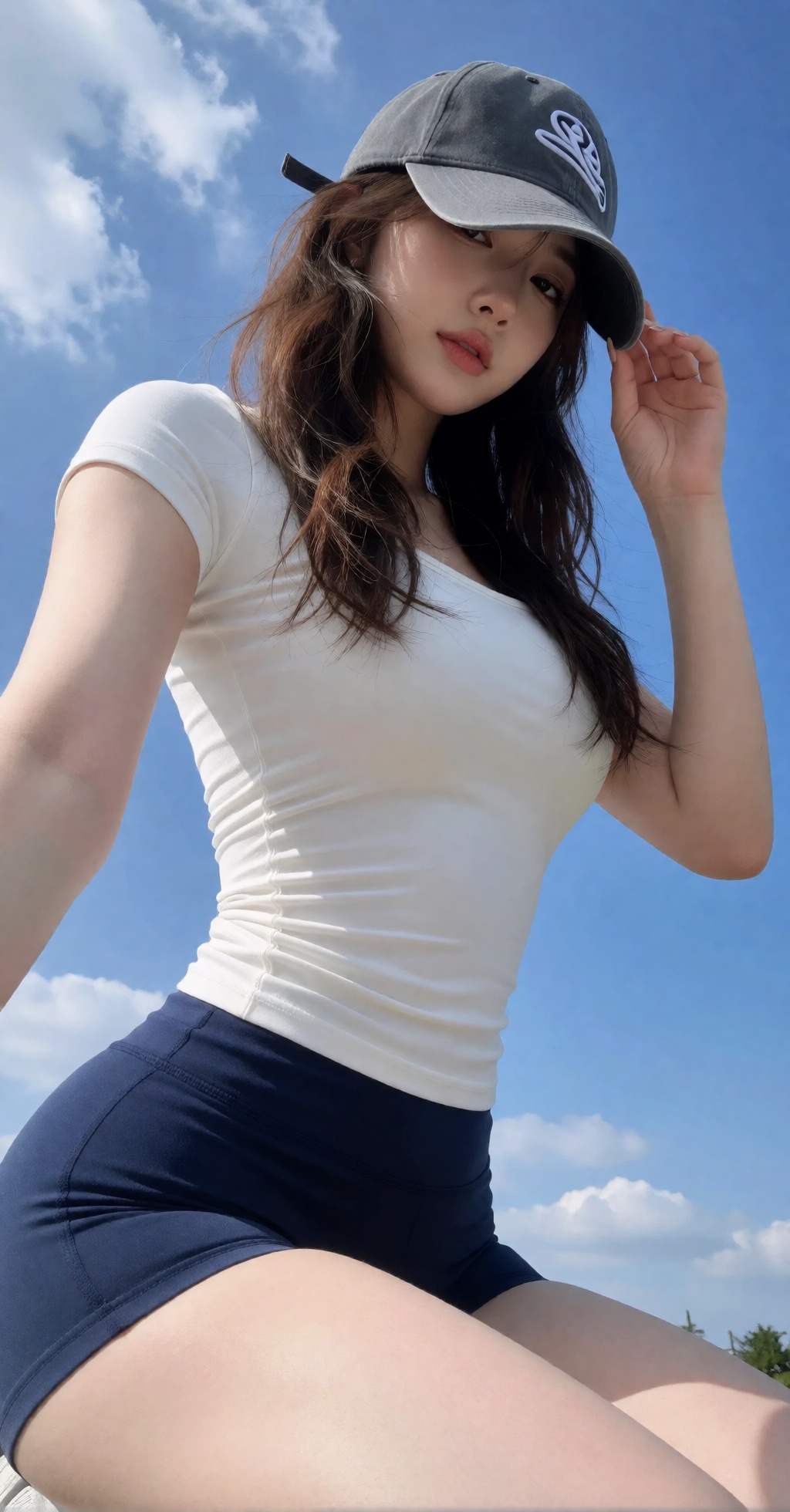 the image features a person posing outdoors against a bright blue sky with scattered clouds,  they are wearing a fitted wh...