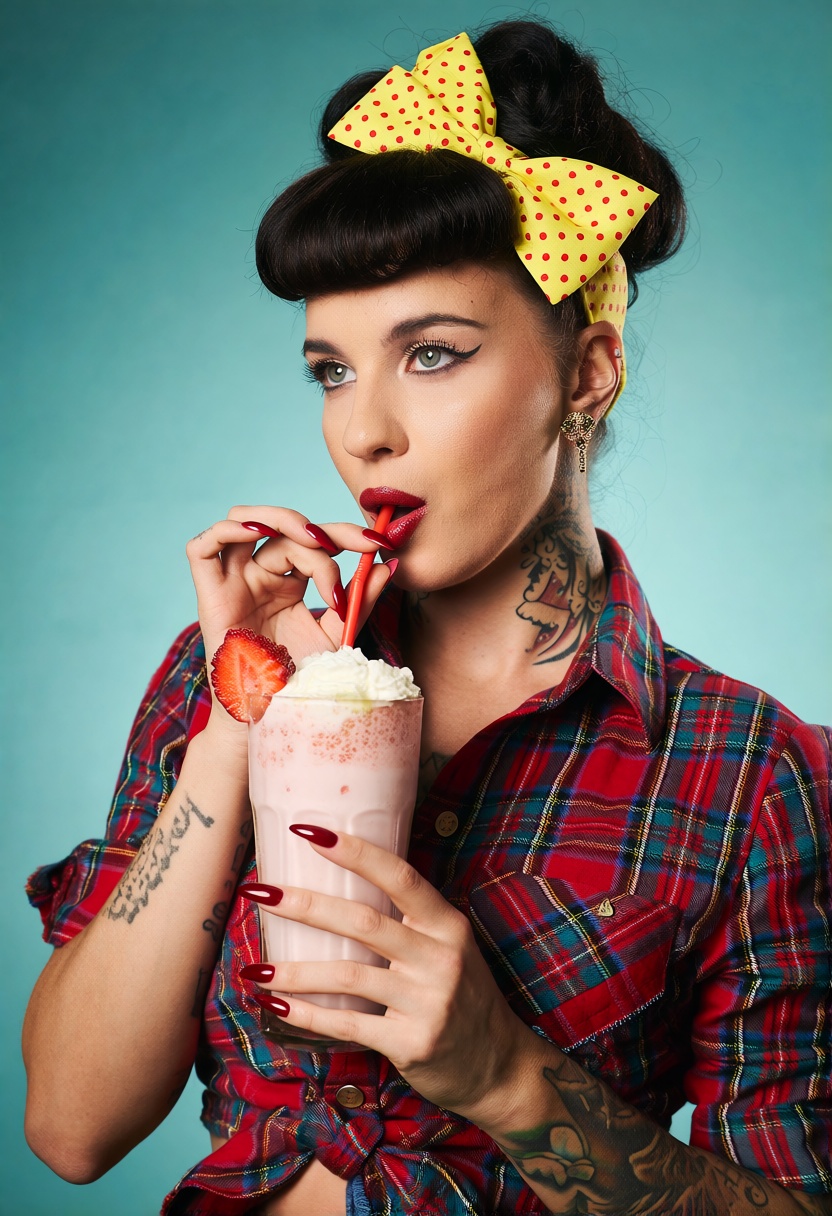 A stunning retro-style woman with a pin-up aesthetic. She has bold makeup featuring dramatic winged eyeliner and deep red...