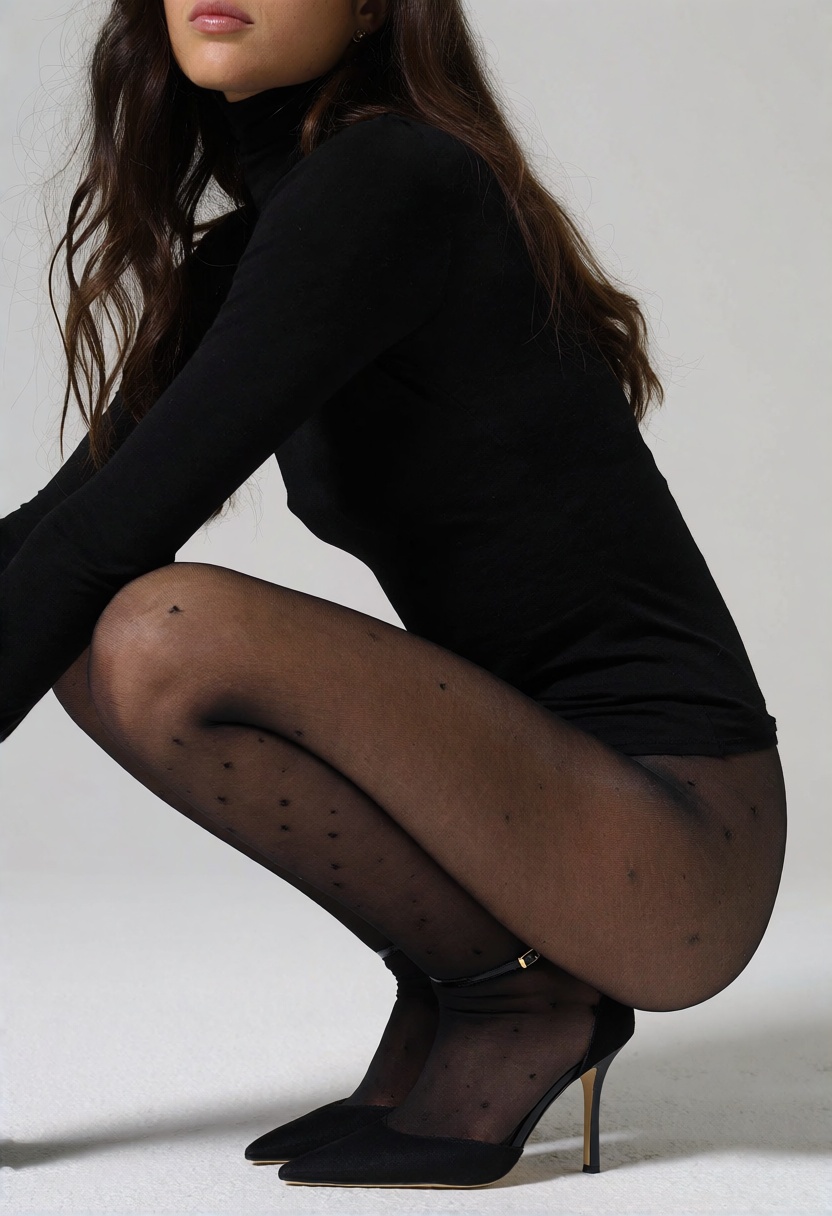 This image features a woman squatting gracefully in a minimalist setting with a plain,  light-gray background that emphasi...
