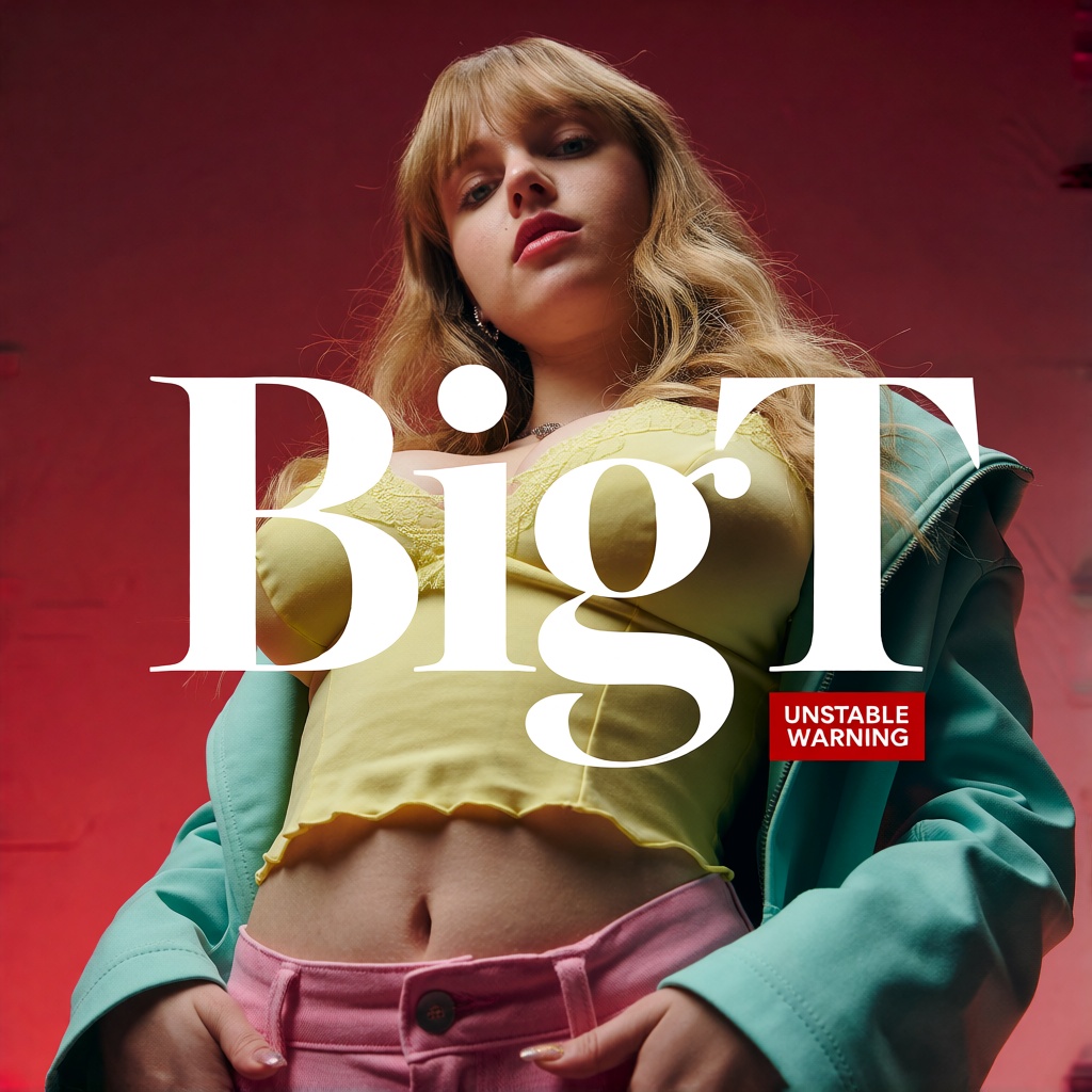 Create an elegant white serif typography massive text "BigT" with small text "UNSTABLE WARNING" in a red rectangle backgro...