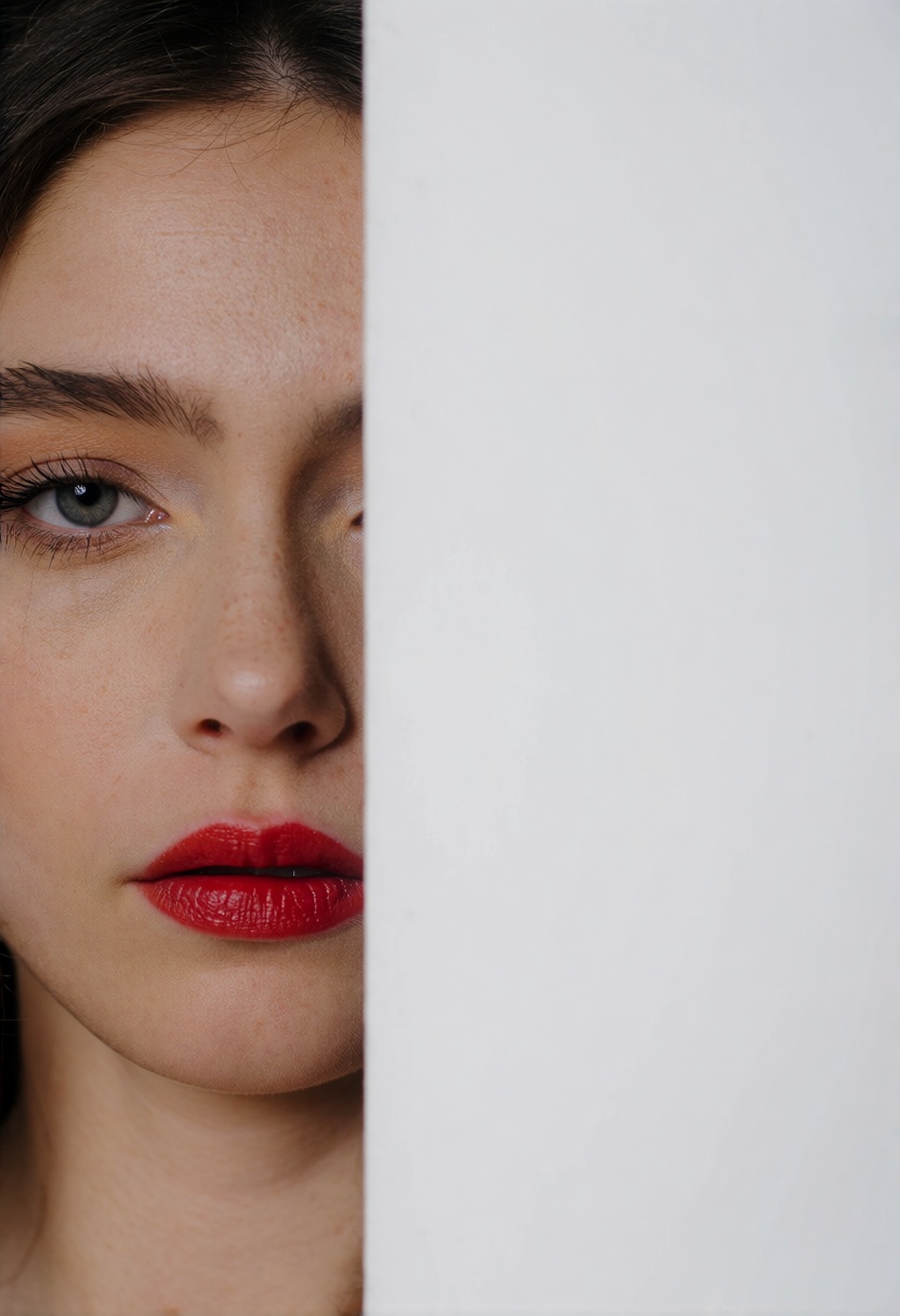 A captivating minimalist portrait of a shy and alluring woman. The left half of her face is visible,  with her delicate fe...