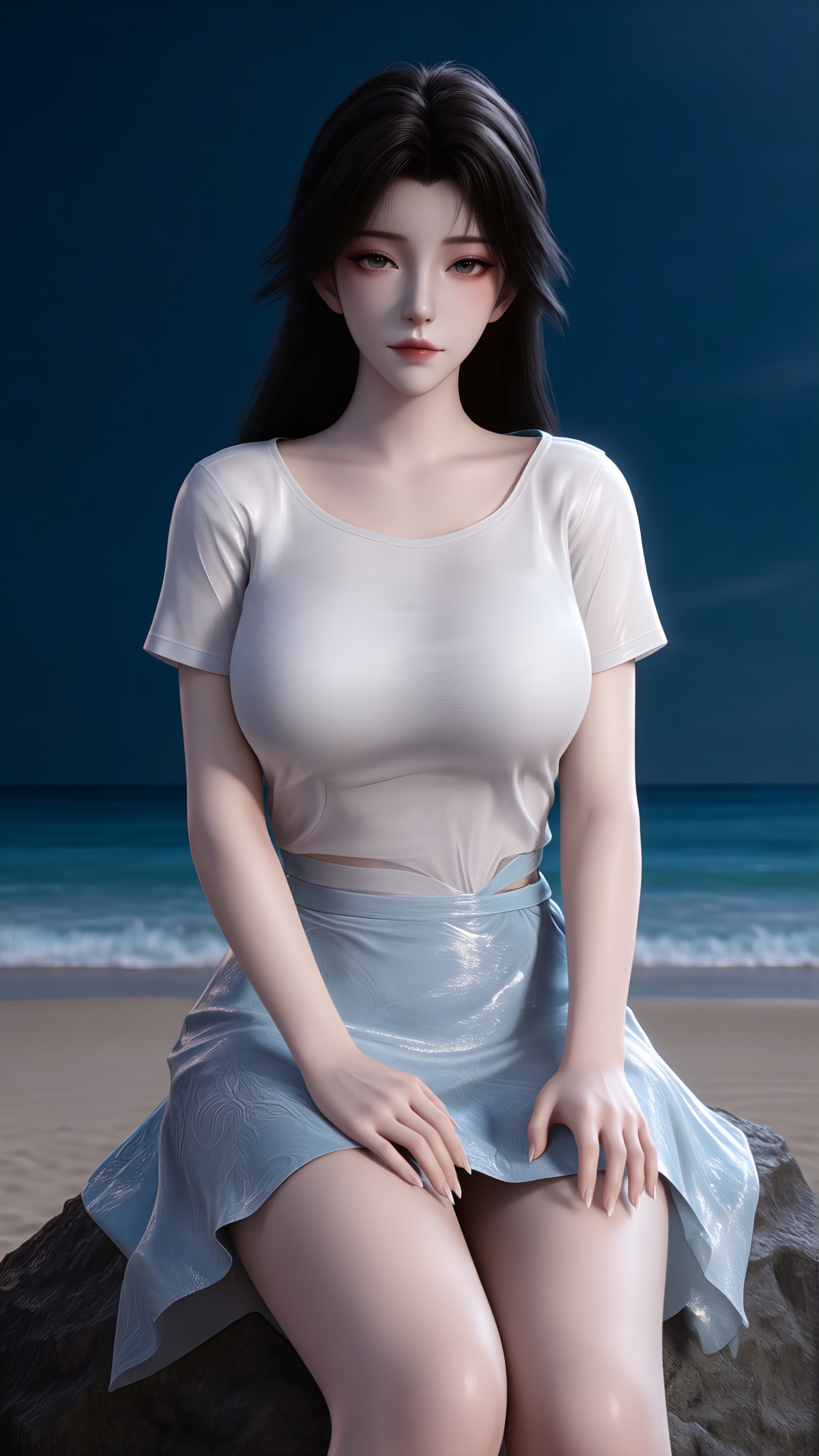White t-shirt,  White|blue skirt,  1girl on Tensor.Art