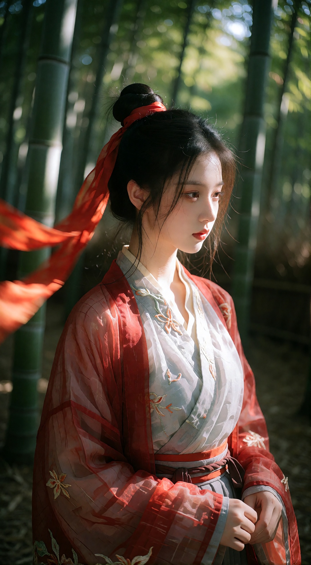 a young woman stands gracefully in a serene bamboo forest,  bathed in soft,  dappled sunlight by 让AI更感性 on Tensor.Art
