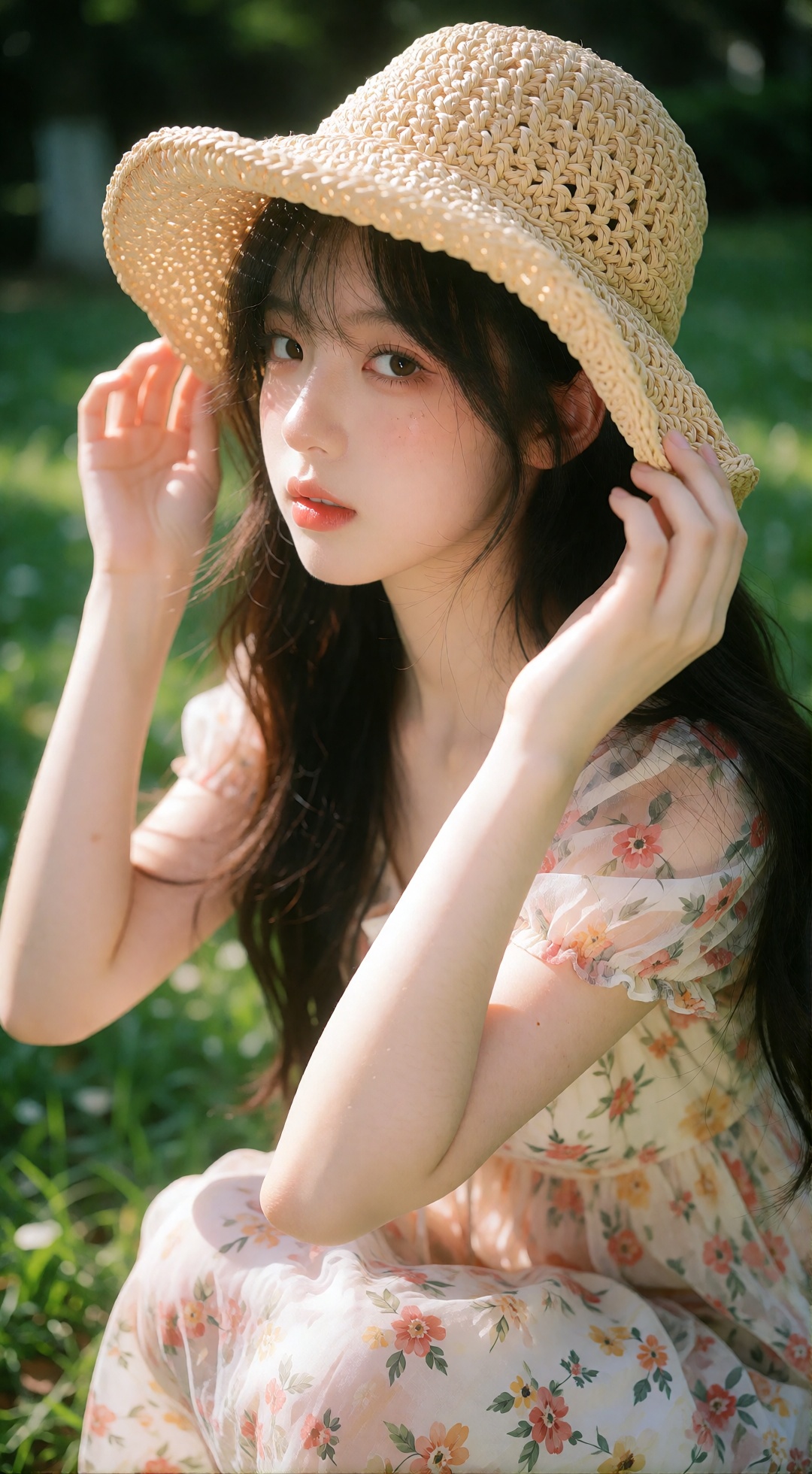 the image captures a serene outdoor scene featuring a young woman seated on grass,  bathed in soft natural light,  she wea...