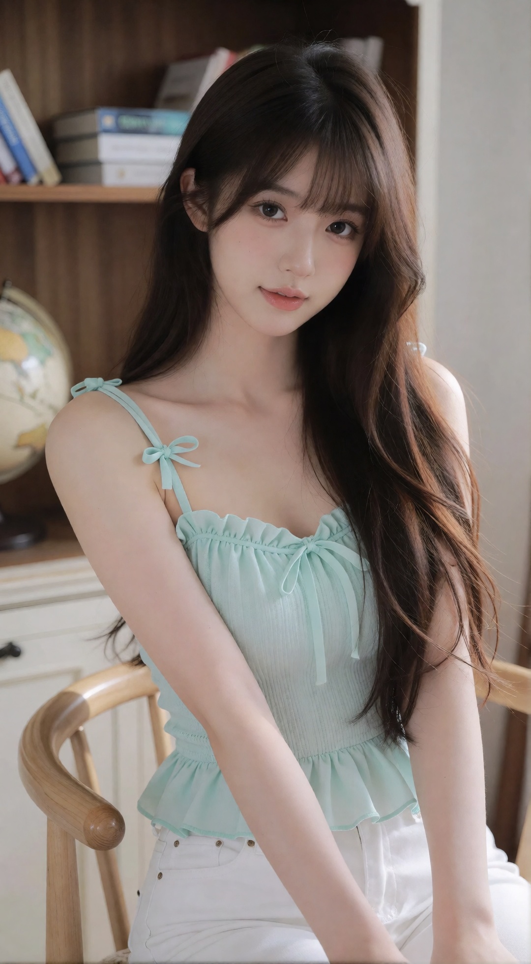 the image features a young woman with long,  straight dark brown hair gently cascading over her shoulders,  she is wearing...