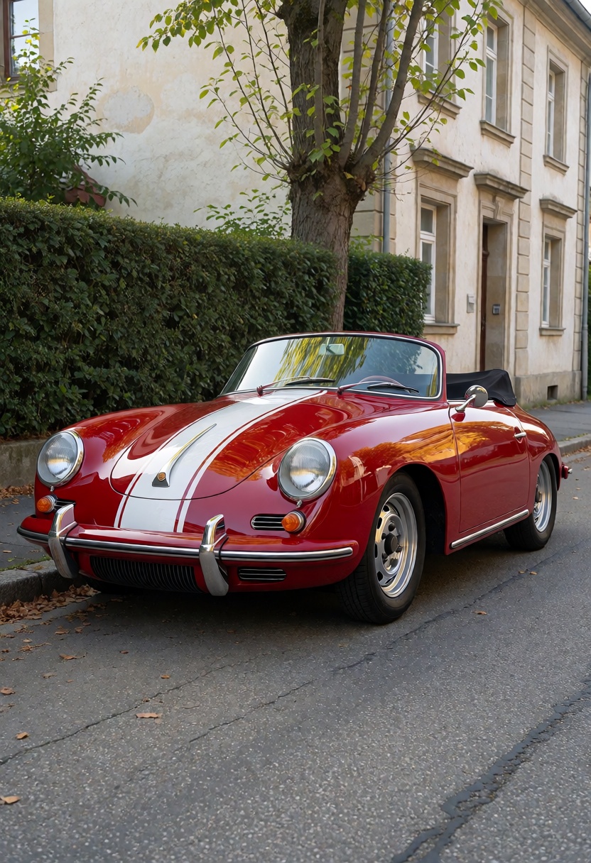RAW ultra-realistic classic automotive photography of a vintage 1960s Porsche 356-style roadster,  an iconic compact rear-...