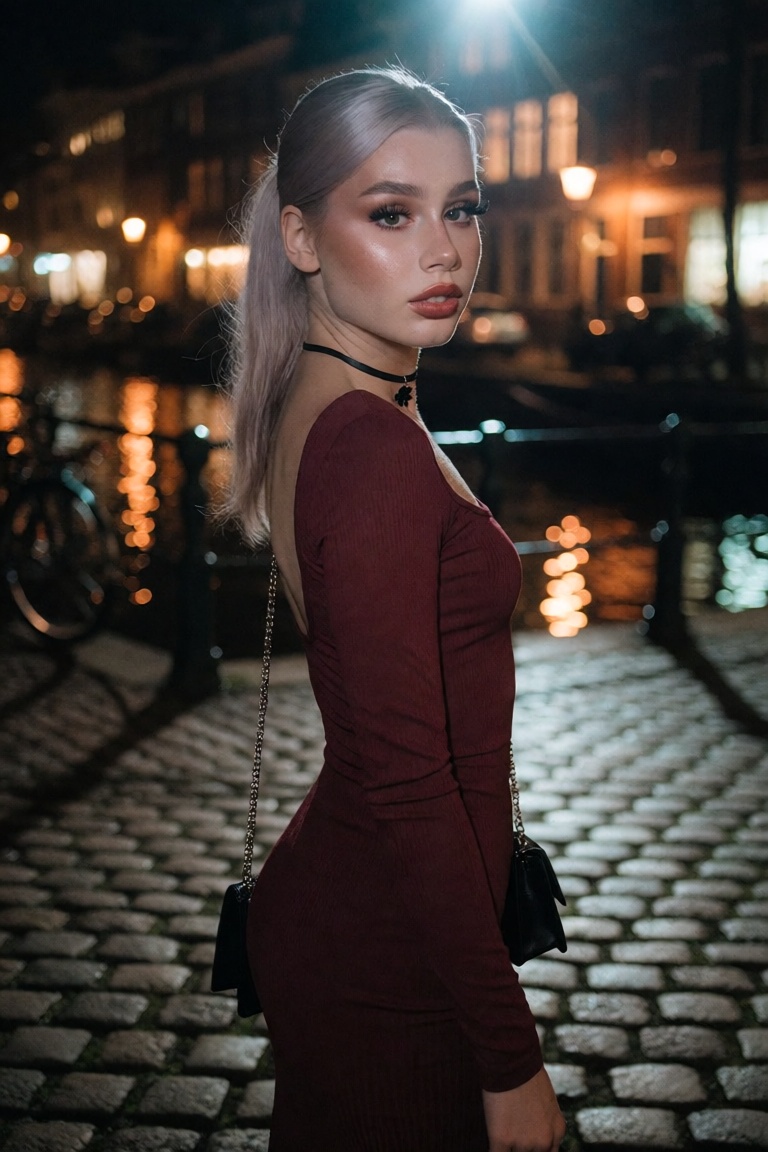 The young woman stands in profile,  her body angled slightly away from the camera as she turns her head to meet the lens w...