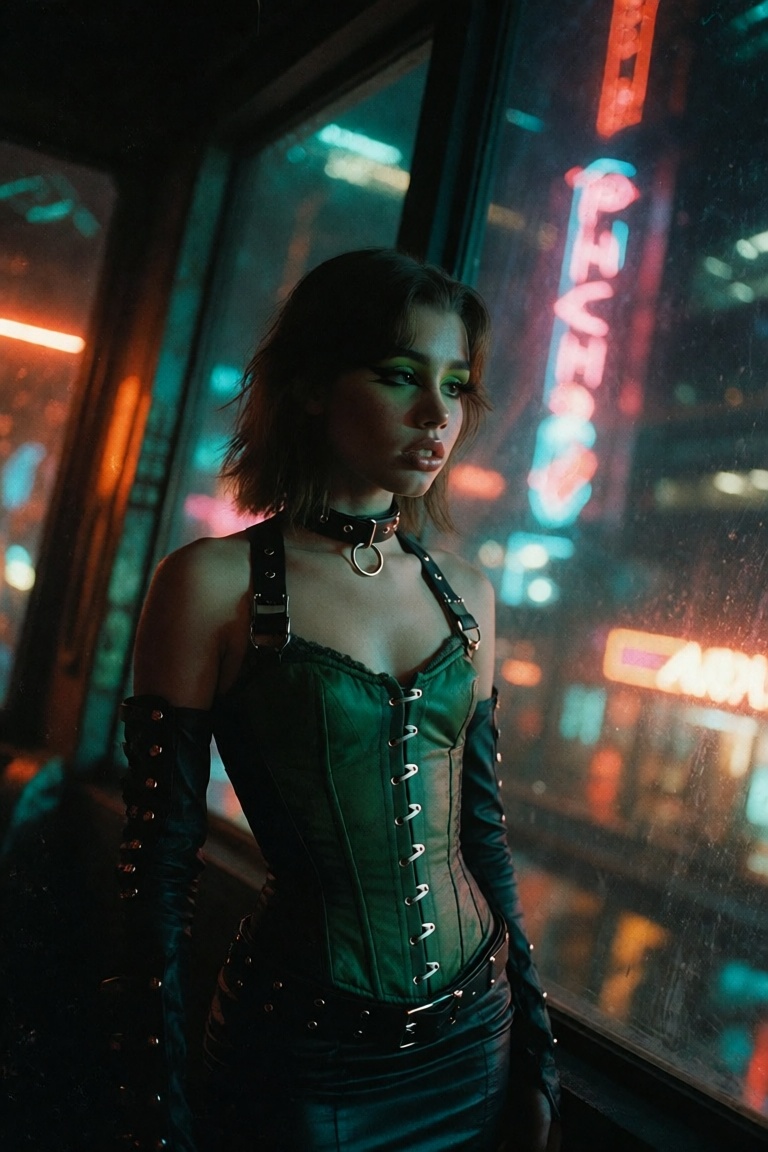 A close waist-up shot of a cute girl with an hourglass figure wearing a green and black leather combat outfit,  featuring...