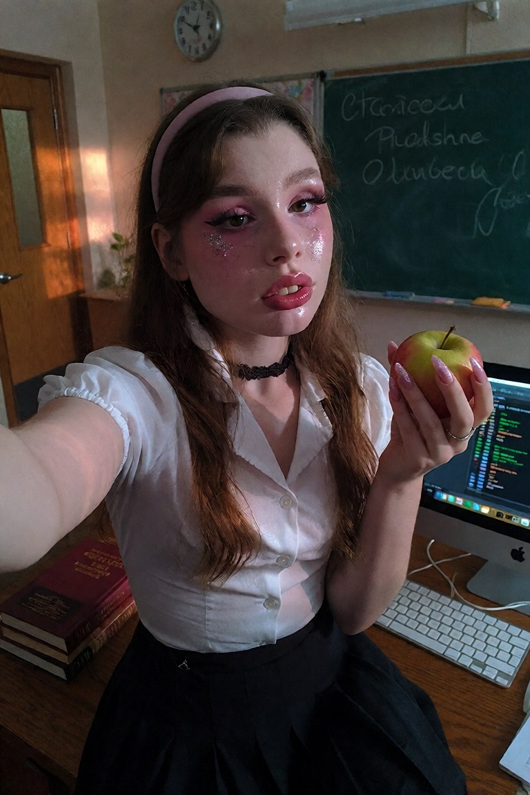 A 21 year old woman with long hair,  pale skin,  taking a close up on Tensor.Art