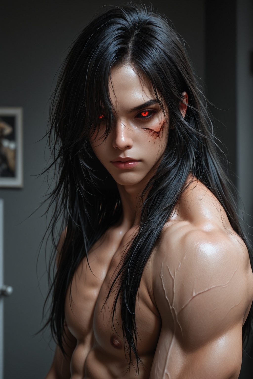 ........ ,  manhwa solo long hair looking at viewer black hair 1boy red eyes closed mouth jacket upper body male focus hai...
