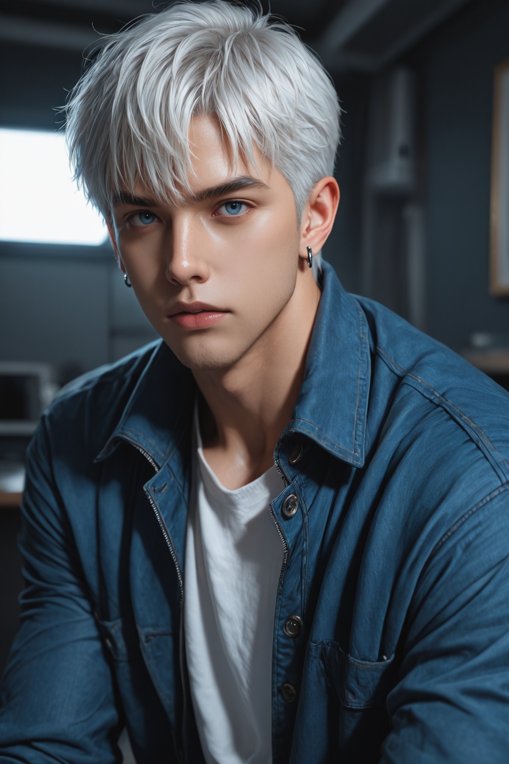........ ,  solo looking at viewer short hair bangs blue eyes shirt 1boy jewelry jacket white shirt upper body white hair...