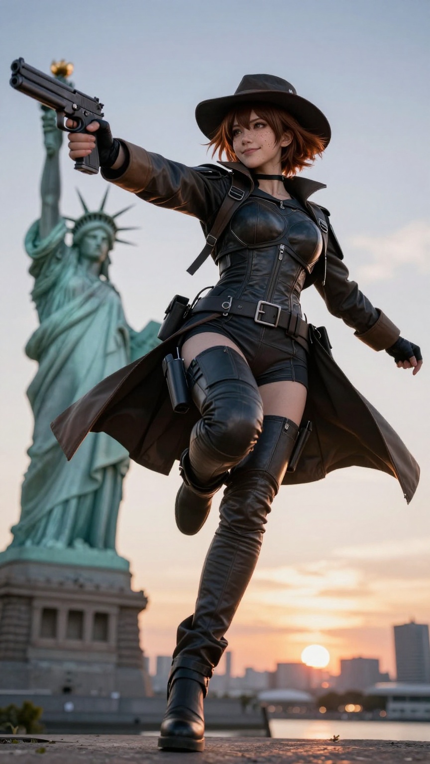 Extreme low-angle cinematic view from ground level of a real woman cosplayer as a stylish anime gunslinger character mid-l...