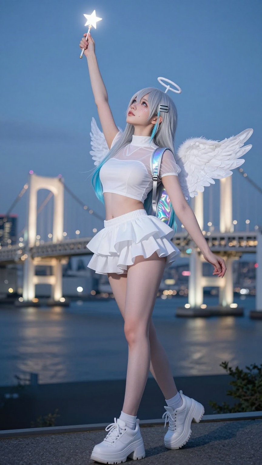 Powerful low-angle cinematic frame looking up at a real Japanese woman cosplayer as a ethereal Y2K angel character in a dy...