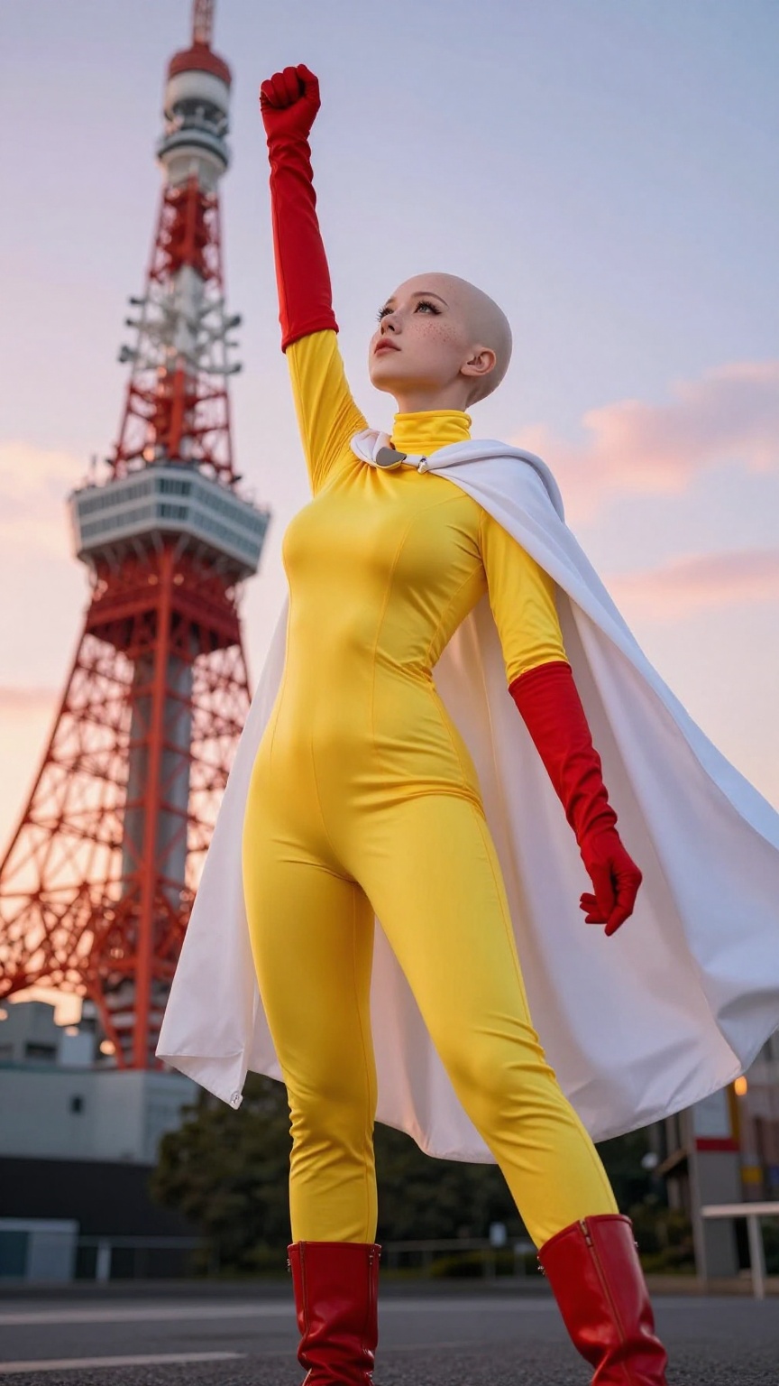 Powerful low-angle of real Japanese woman as vibrant female Saitama cosplayer reaching upward near Tokyo Tower,  fist exte...