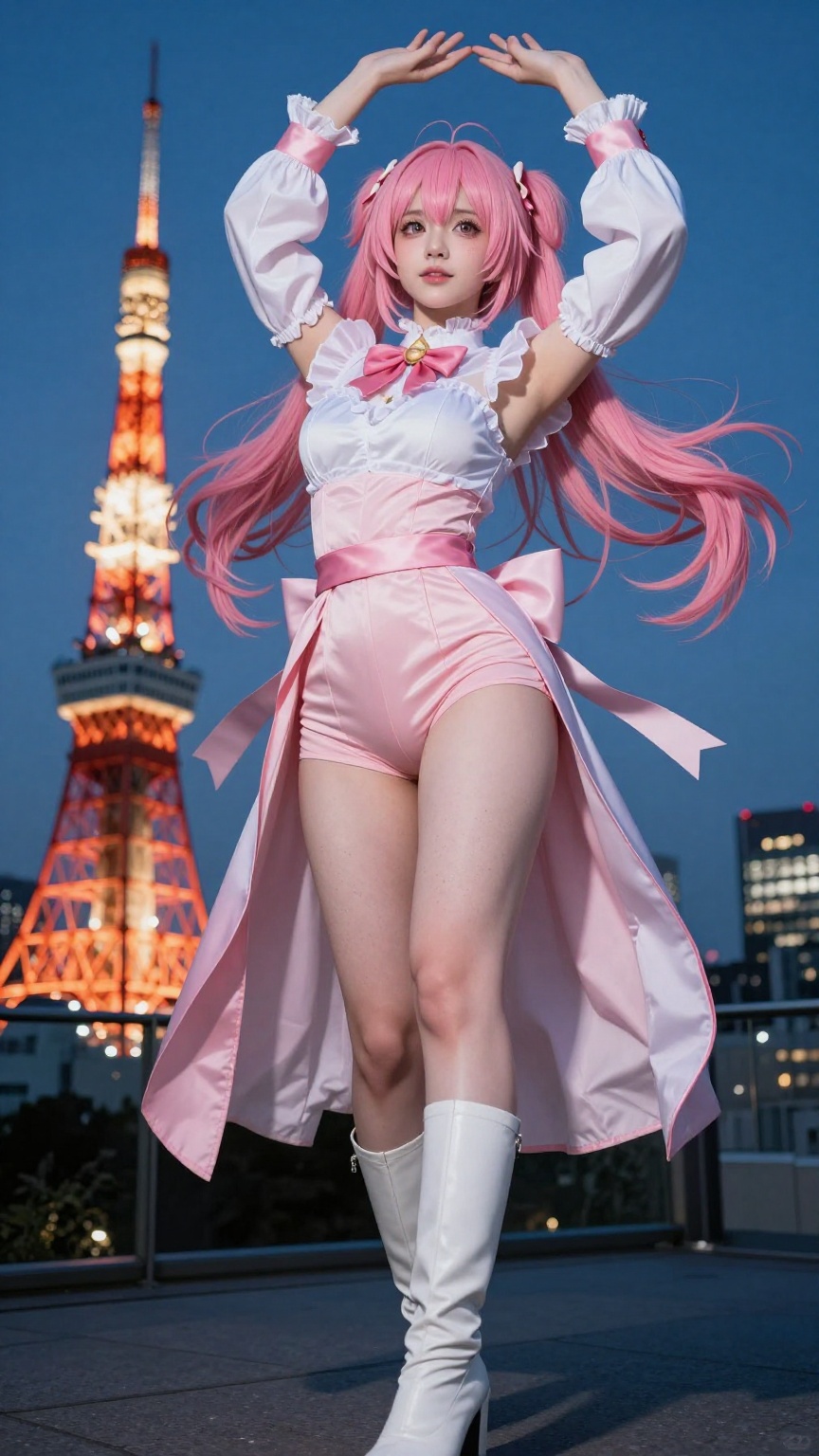 Cinematic low-angle shot looking sharply upward at a real Japanese woman cosplayer as a vibrant magical girl character sta...