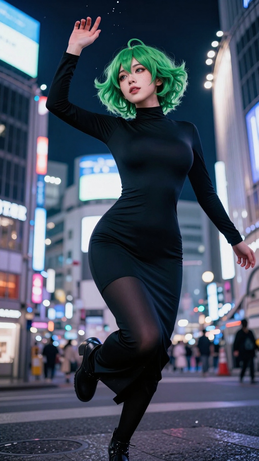 Cinematic low-angle of real Japanese woman as vibrant Tatsumaki cosplayer in dynamic floating pose on Shibuya streets,  on...