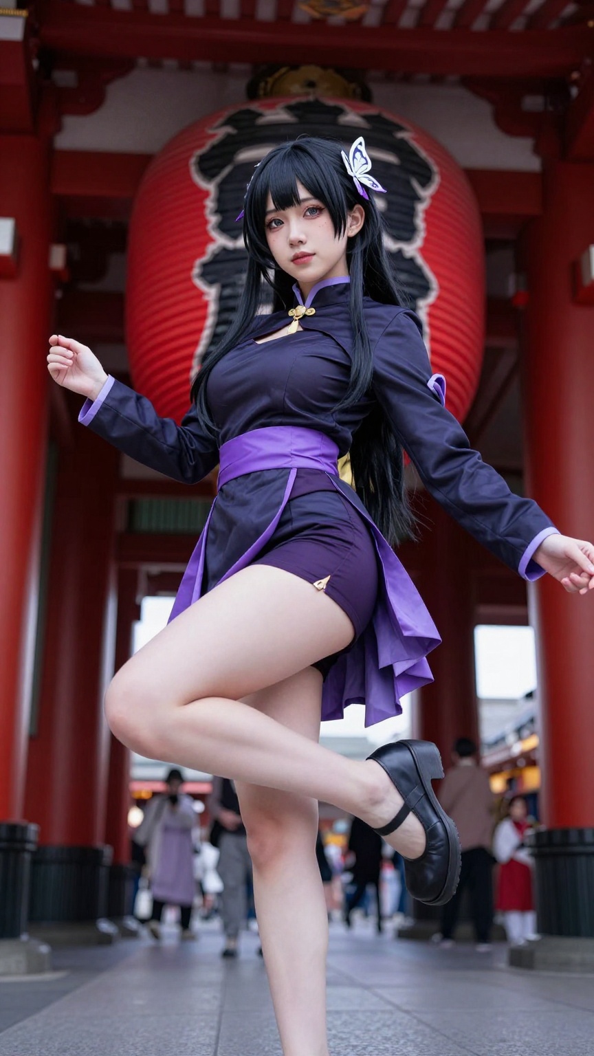 Cinematic low-angle of real woman as vibrant Kanao Tsuyuri cosplayer in twisting pose at Senso-ji Temple,  leg lifted,  ar...