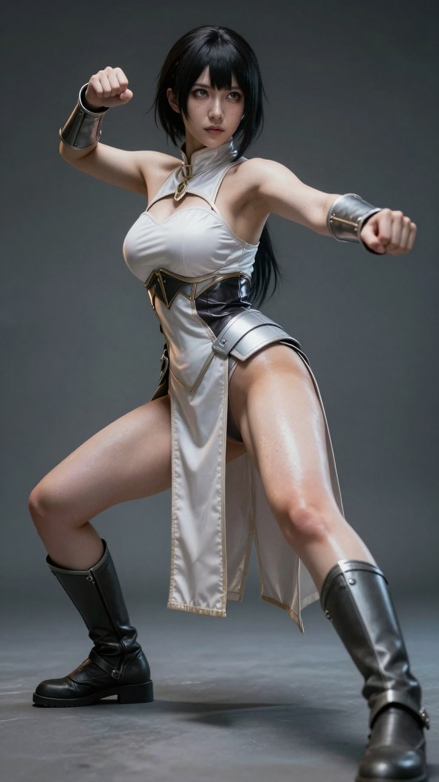 Dramatic low-angle shot gazing upward at a real Japanese woman cosplayer in a fierce lunging pose,  one leg extended far f...