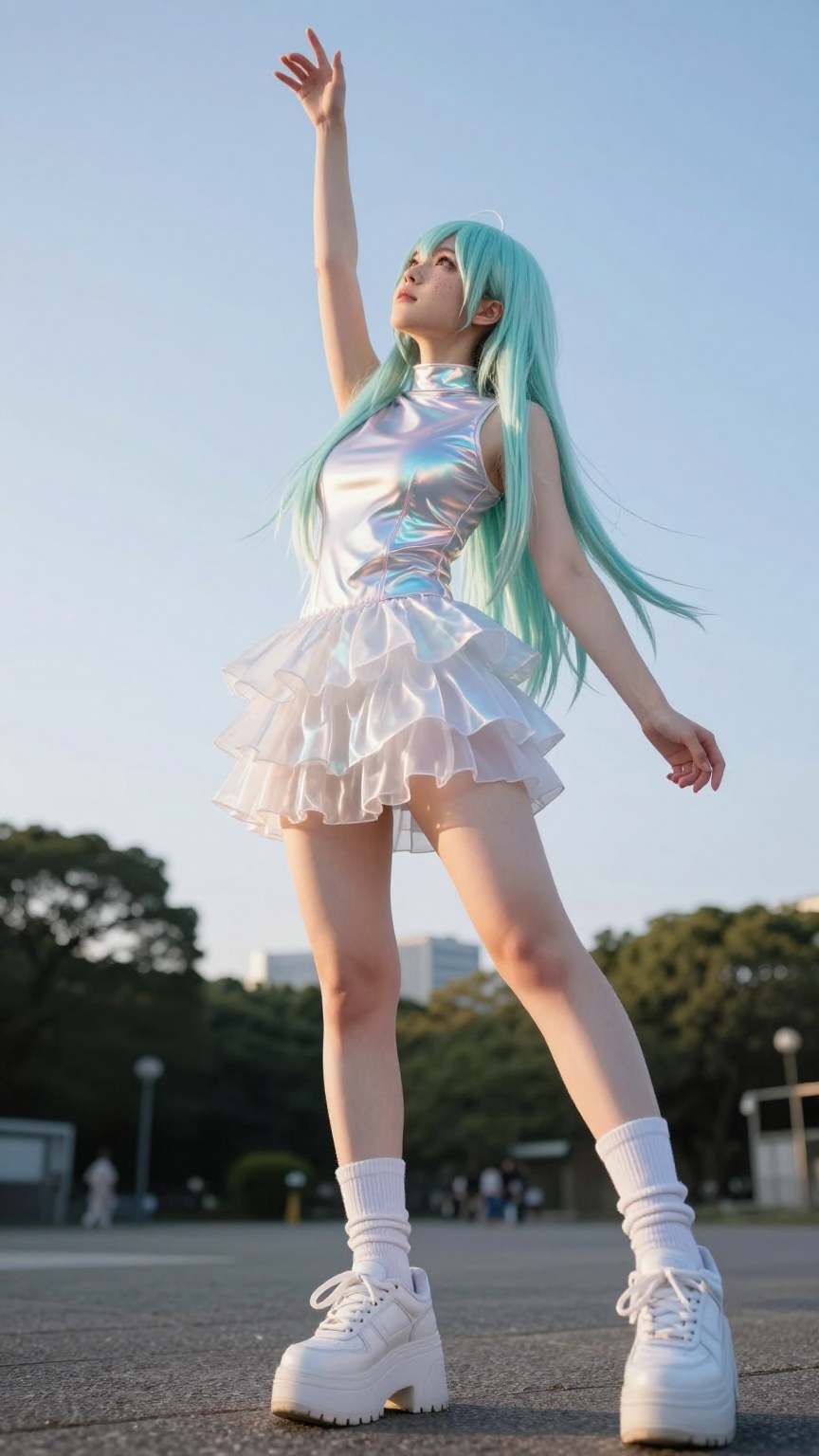 Powerful low-angle of real Japanese woman as Y2K fairy cosplayer reaching upward in Shinjuku Gyoen,  body stretched. Soft...