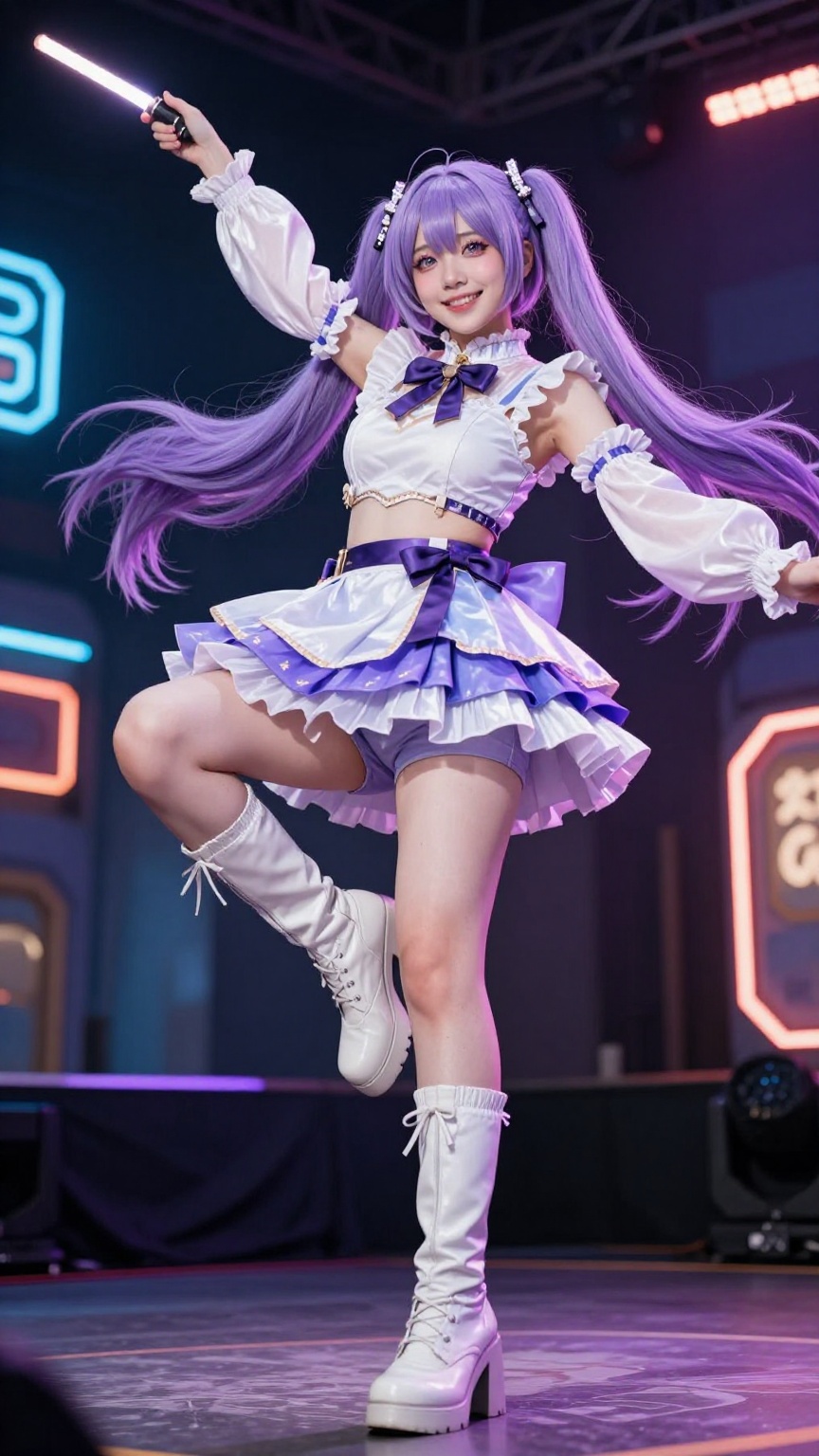 Cinematic low-angle perspective capturing a real woman cosplayer as a high-energy anime idol performer character in a dyna...