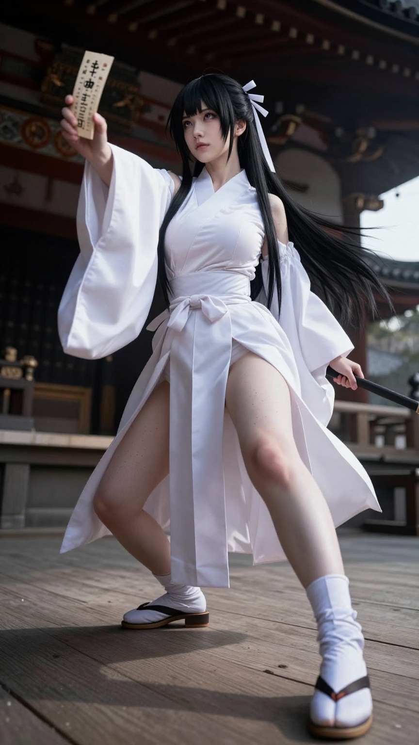 Dramatic low-angle shot gazing upward at a real Japanese woman cosplayer as a modern onmyoji exorcist character in a fierc...