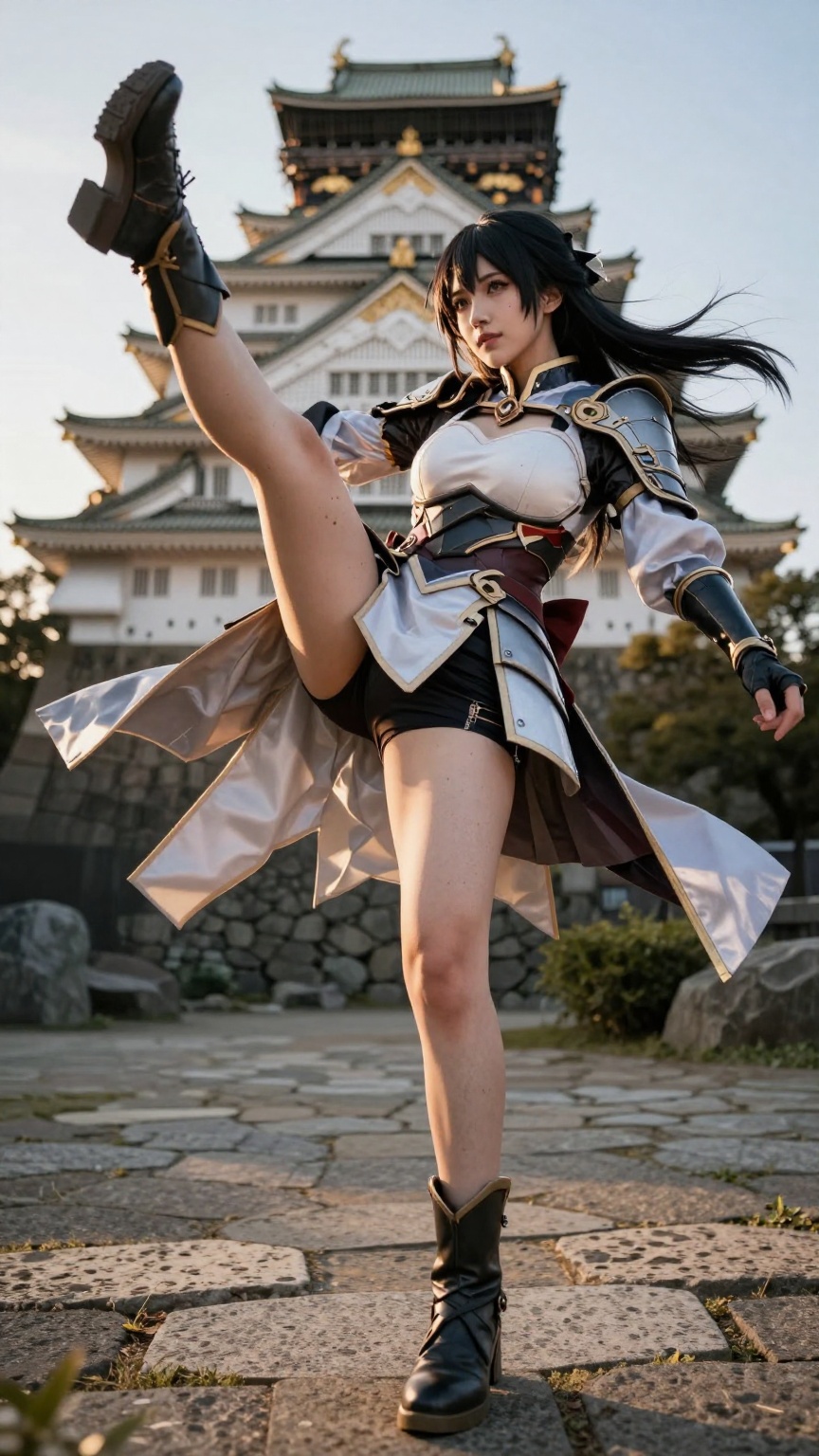 Cinematic low-angle perspective capturing a real woman cosplayer in a dynamic twisting spin pose on the stone grounds of O...