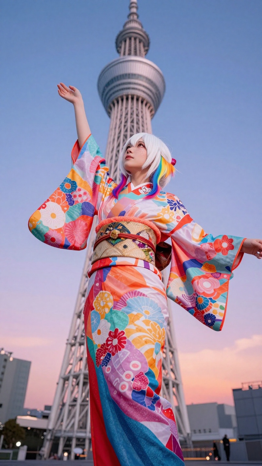 Powerful low-angle of real Japanese woman as vibrant Daki cosplayer reaching upward near Tokyo Skytree,  body stretched. S...