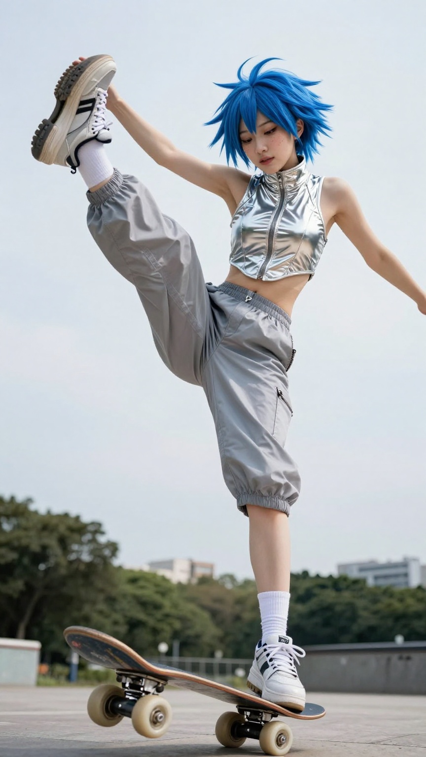 Extreme low-angle view of real woman Y2K skater cosplayer mid-jump in Yoyogi Park,  leg kicked high,  arms out. Soft athle...