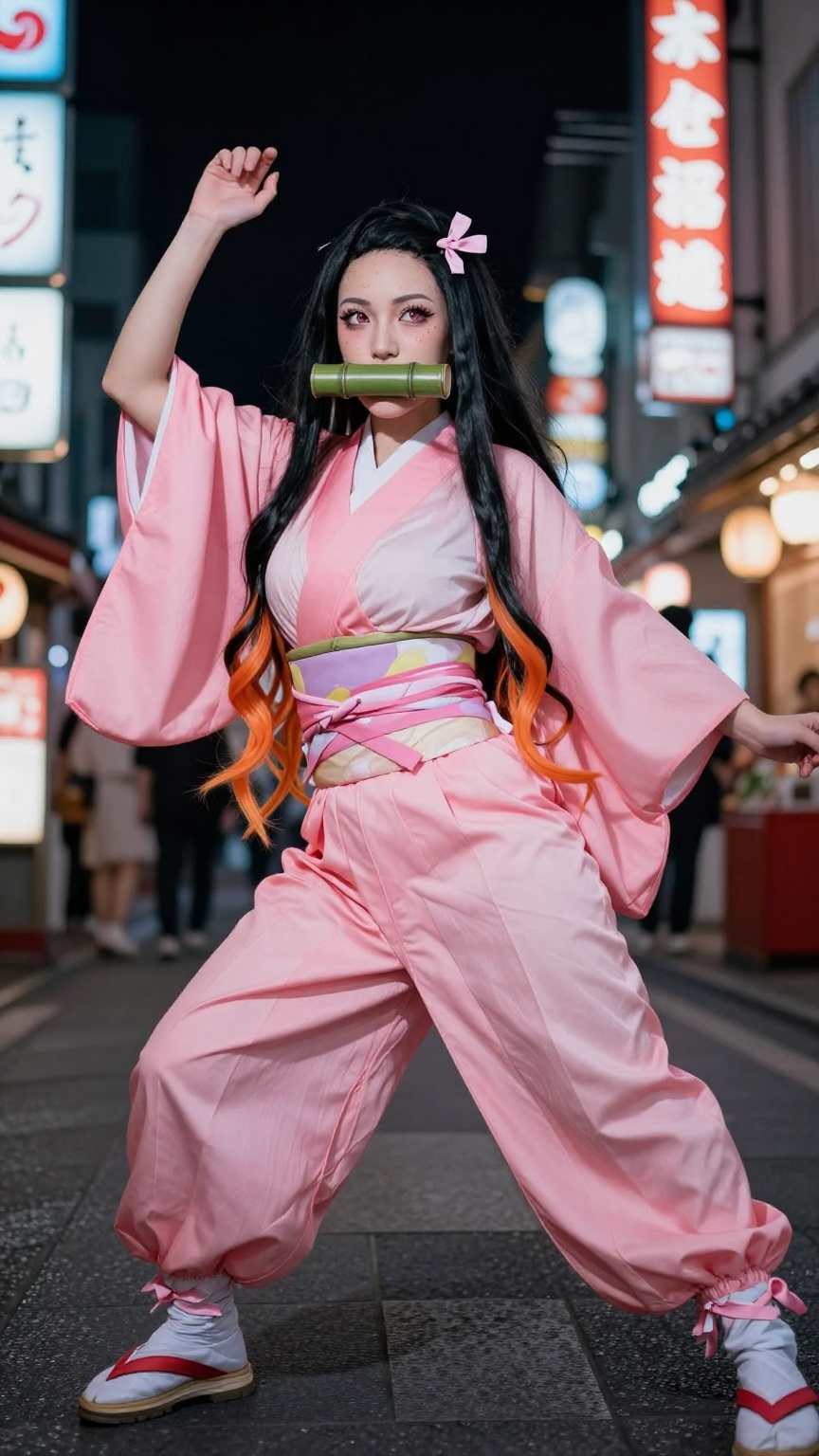 Cinematic low-angle of real Japanese woman as vibrant Nezuko cosplayer in dynamic bamboo-biting pose on Asakusa streets,...