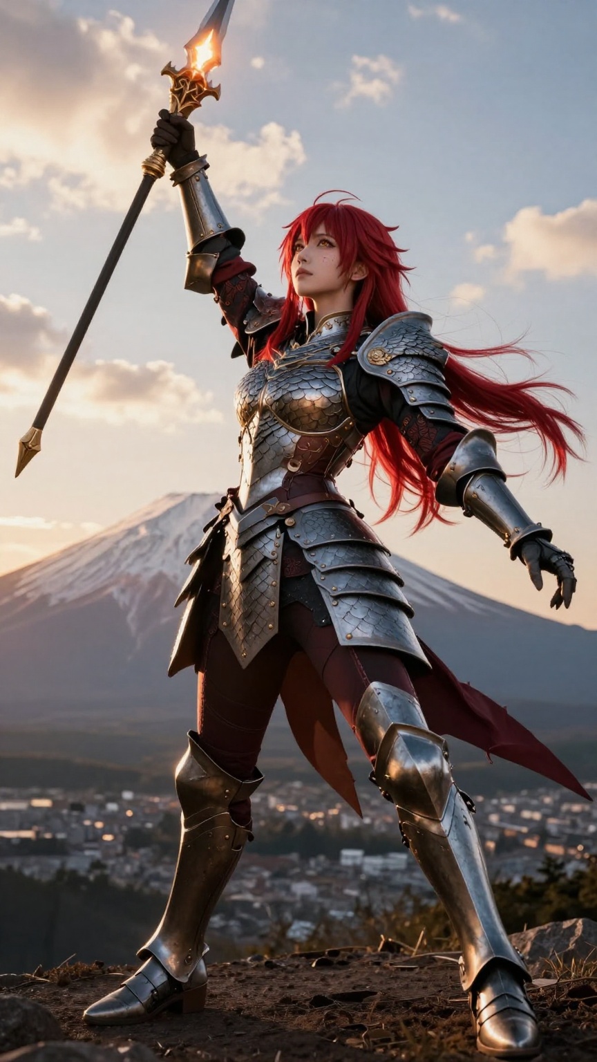 Powerful low-angle cinematic frame looking up at a real Japanese woman cosplayer as a noble dragon knight character in a d...