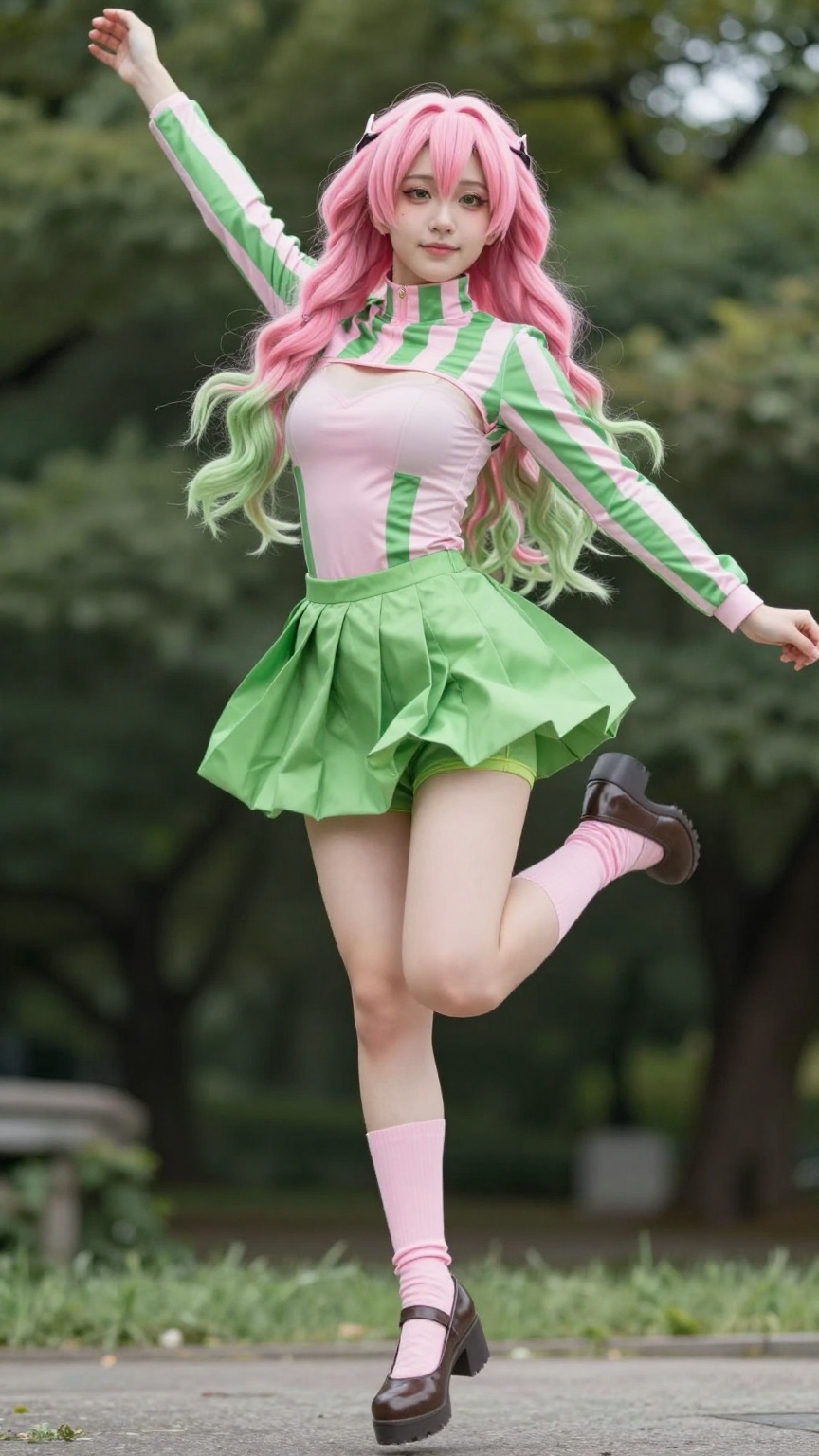 Extreme low-angle of real woman as vibrant Mitsuri Kanroji cosplayer mid-jump in Ueno Park,  leg kicked high,  arms out. S...