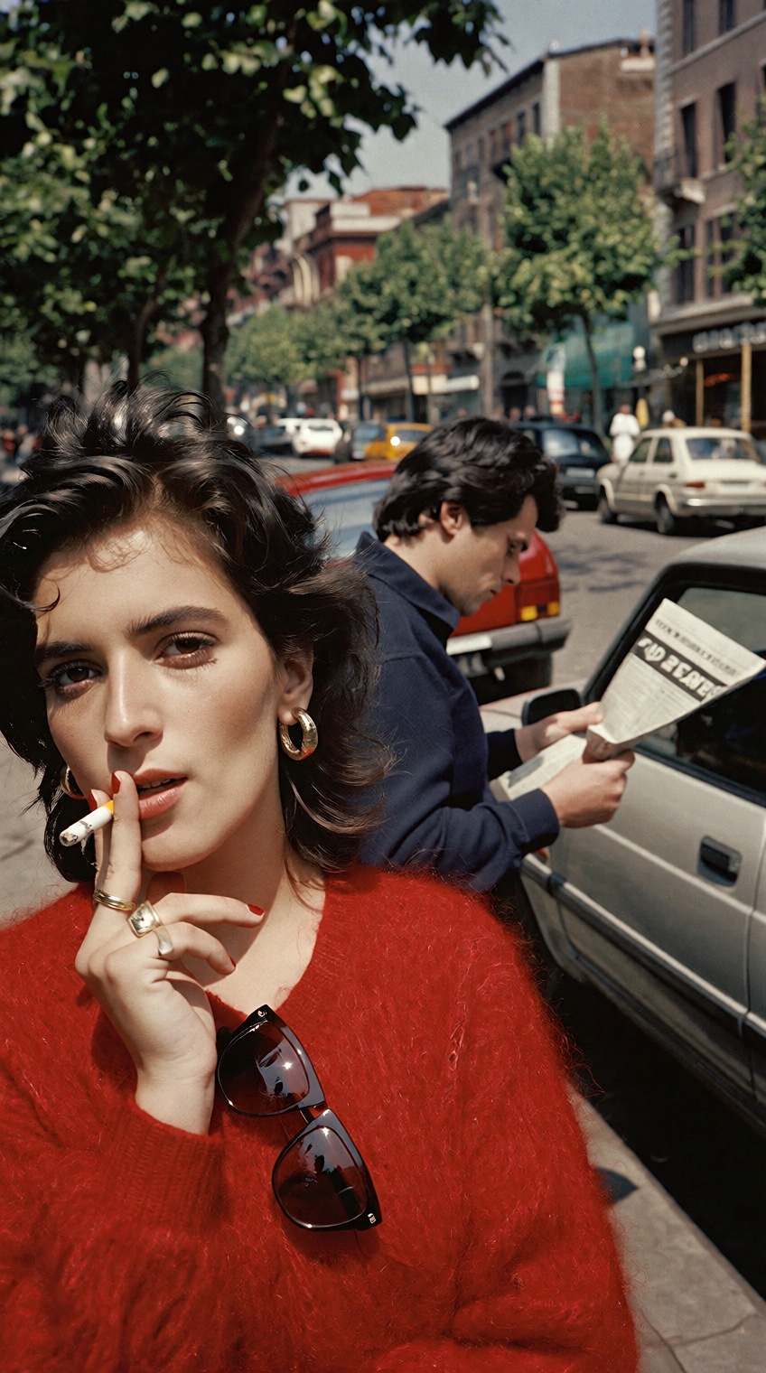 @charleshtraub,  woman in red sweater,  smokes cigarette on Tensor.Art