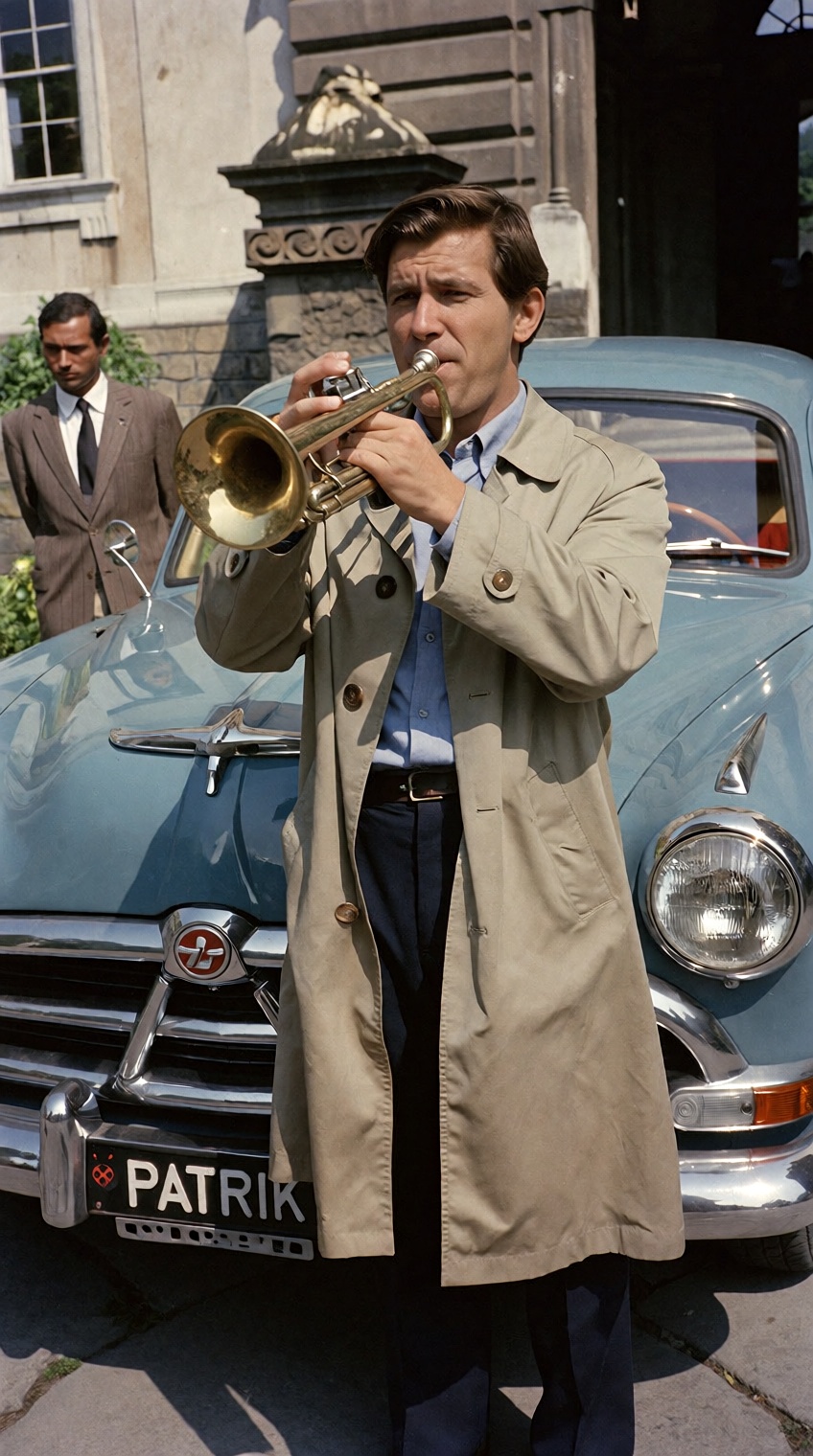 @charleshtraub,  A man stands outdoors in bright daylight playing a brass trumpet,  leaning back slightly as he holds the...