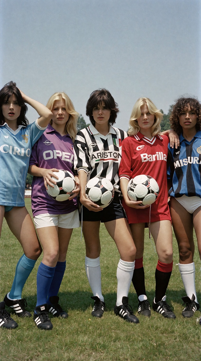 @charleshtraub,  Five women stand side-by-side on a grassy field,  posing in oversized vintage football shirts. On the far...