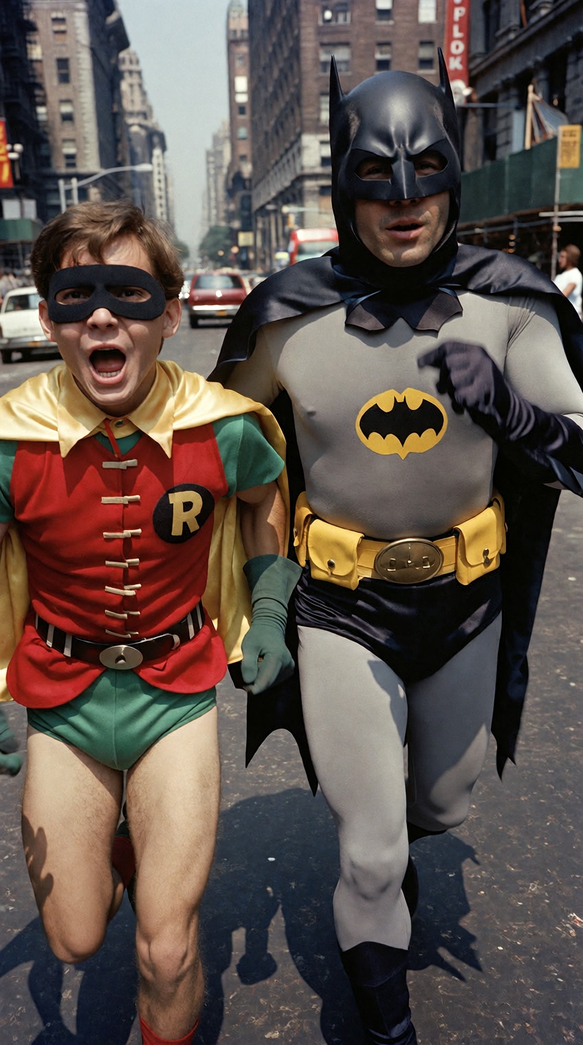 @charleshtraub,  Batman and Robin run side-by-side toward the foreground along a paved city street. On the right,  Batman...
