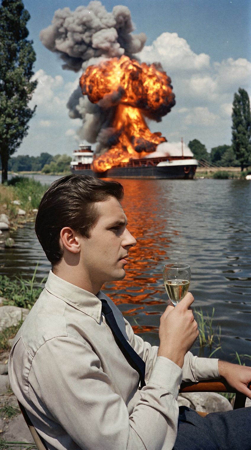 @charleshtraub,  A man sits calmly in profile in the foreground,  holding a clear glass of champagne while looking off to...