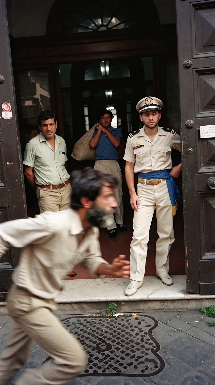 @charleshtraub,  A bearded man runs past the foreground in light clothing. Behind him,  two men in white uniforms stand in...