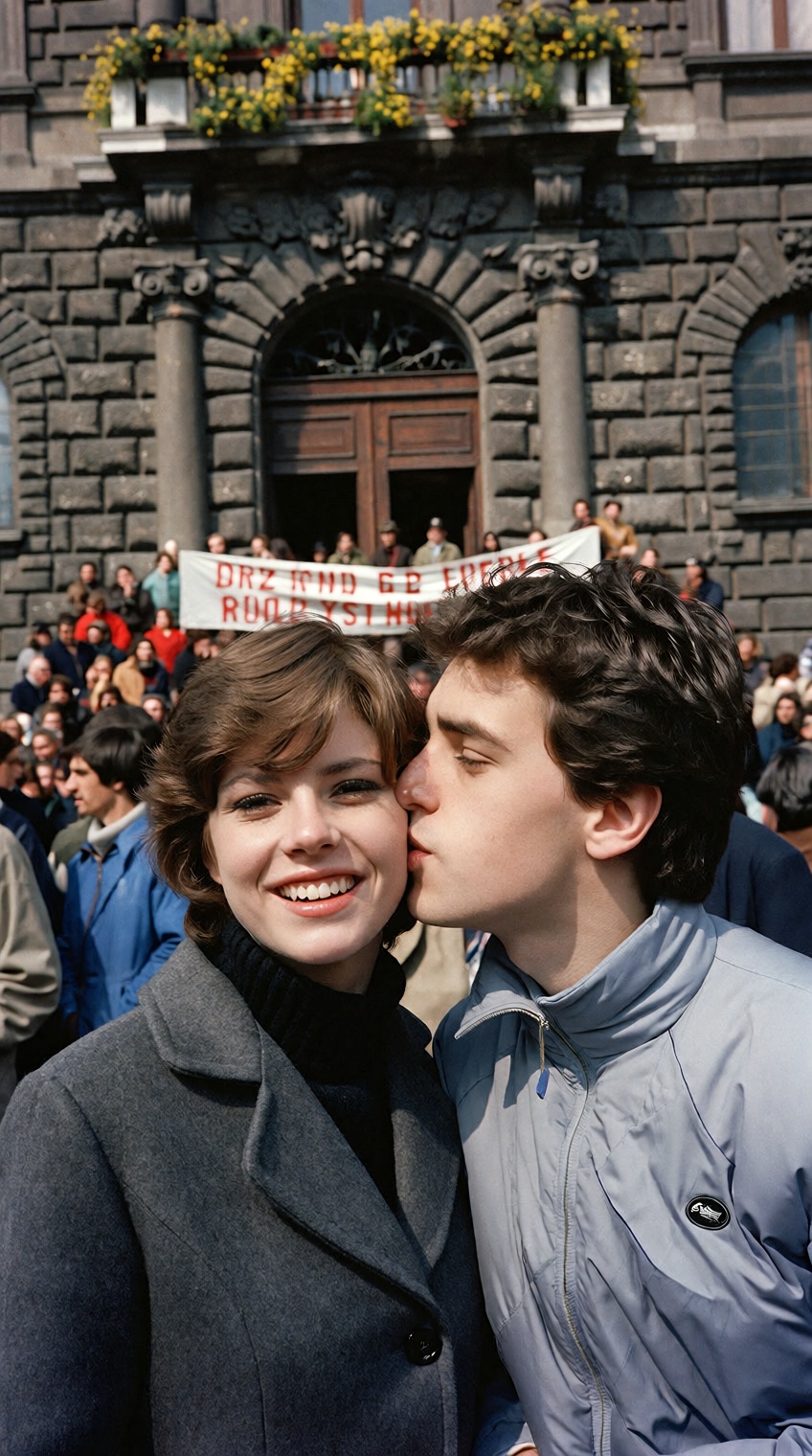 @charleshtraub,  A young man kisses a smiling young woman on the cheek in a close-up outdoor photograph. The woman has sho...