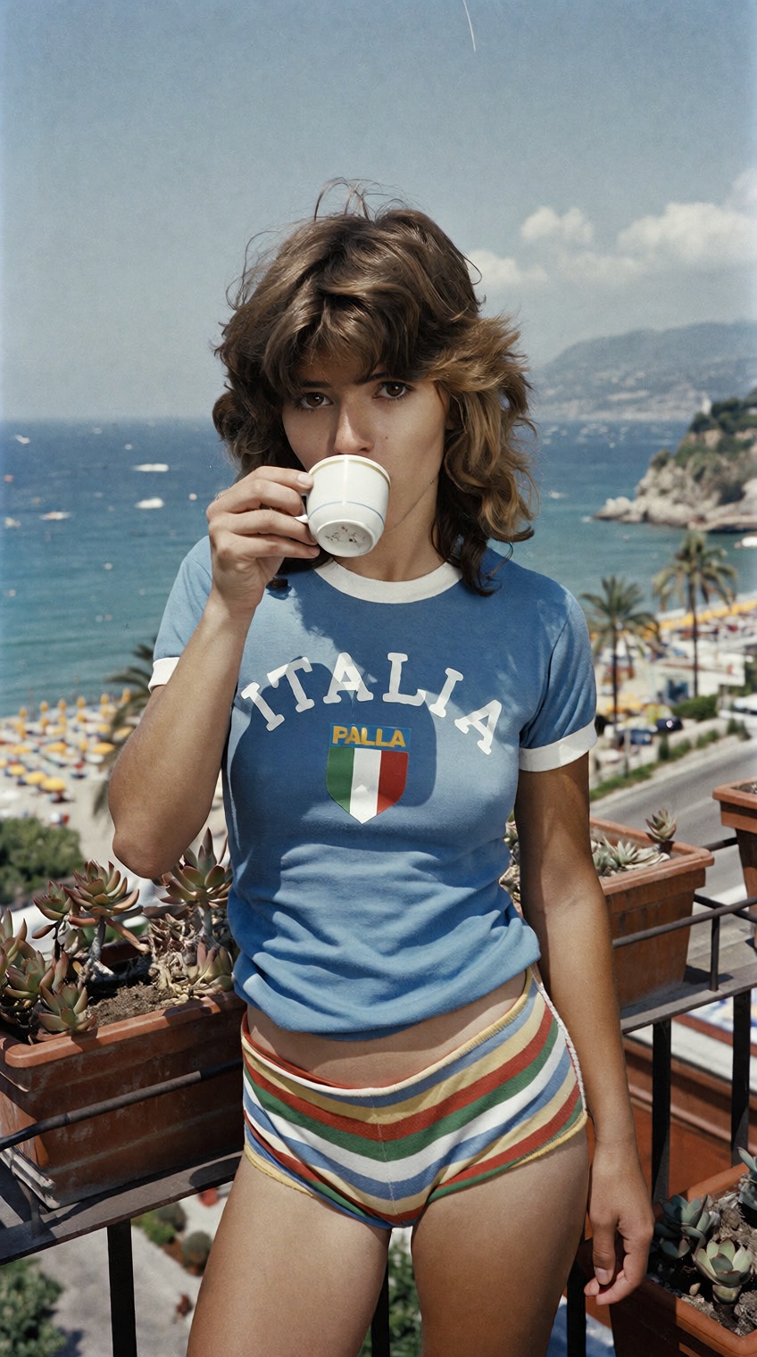 @charleshtraub,  A young woman with voluminous,  layered brown hair stands on a balcony drinking from a small white cup. S...