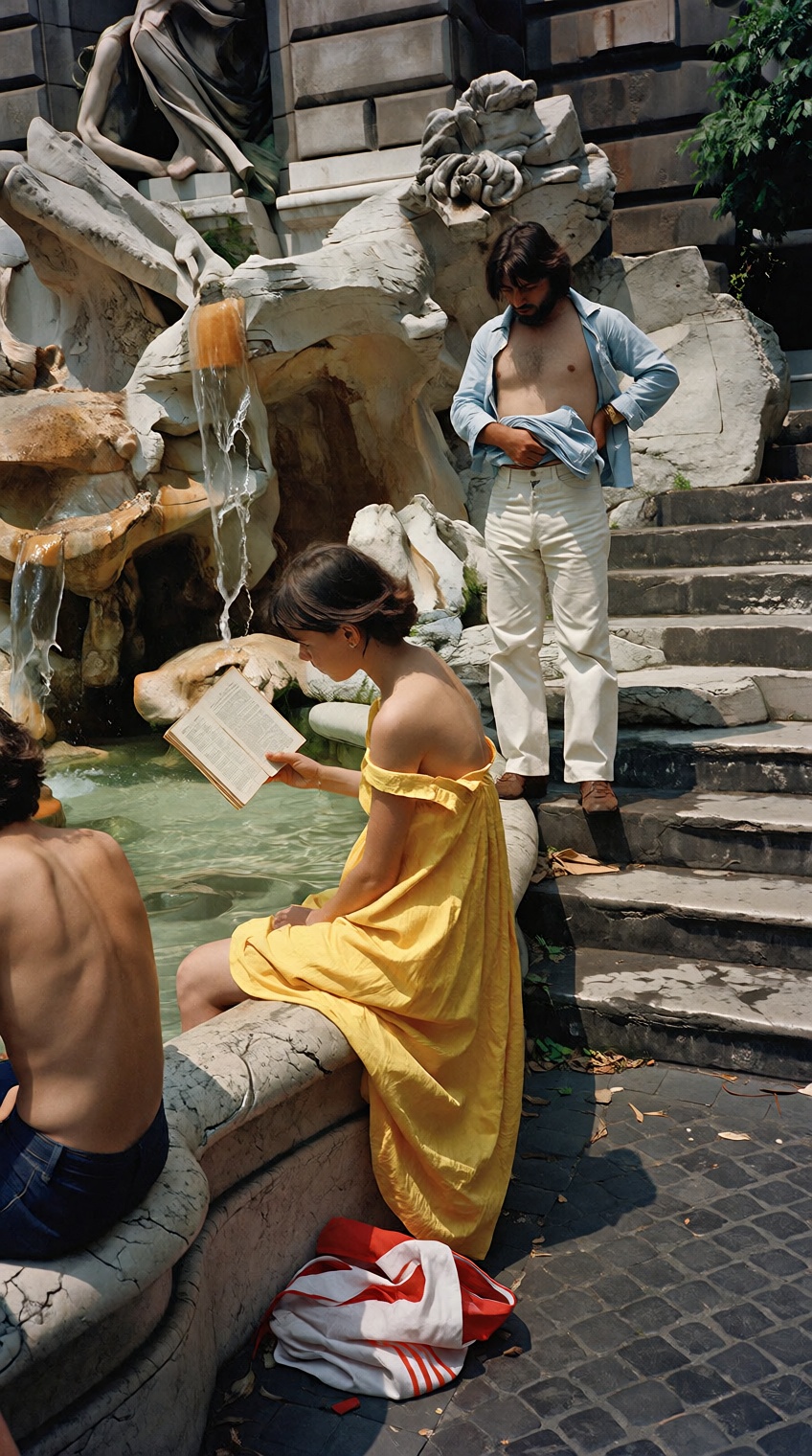 @charleshtraub,  Woman in yellow dress,  Reads by fountain on Tensor.Art