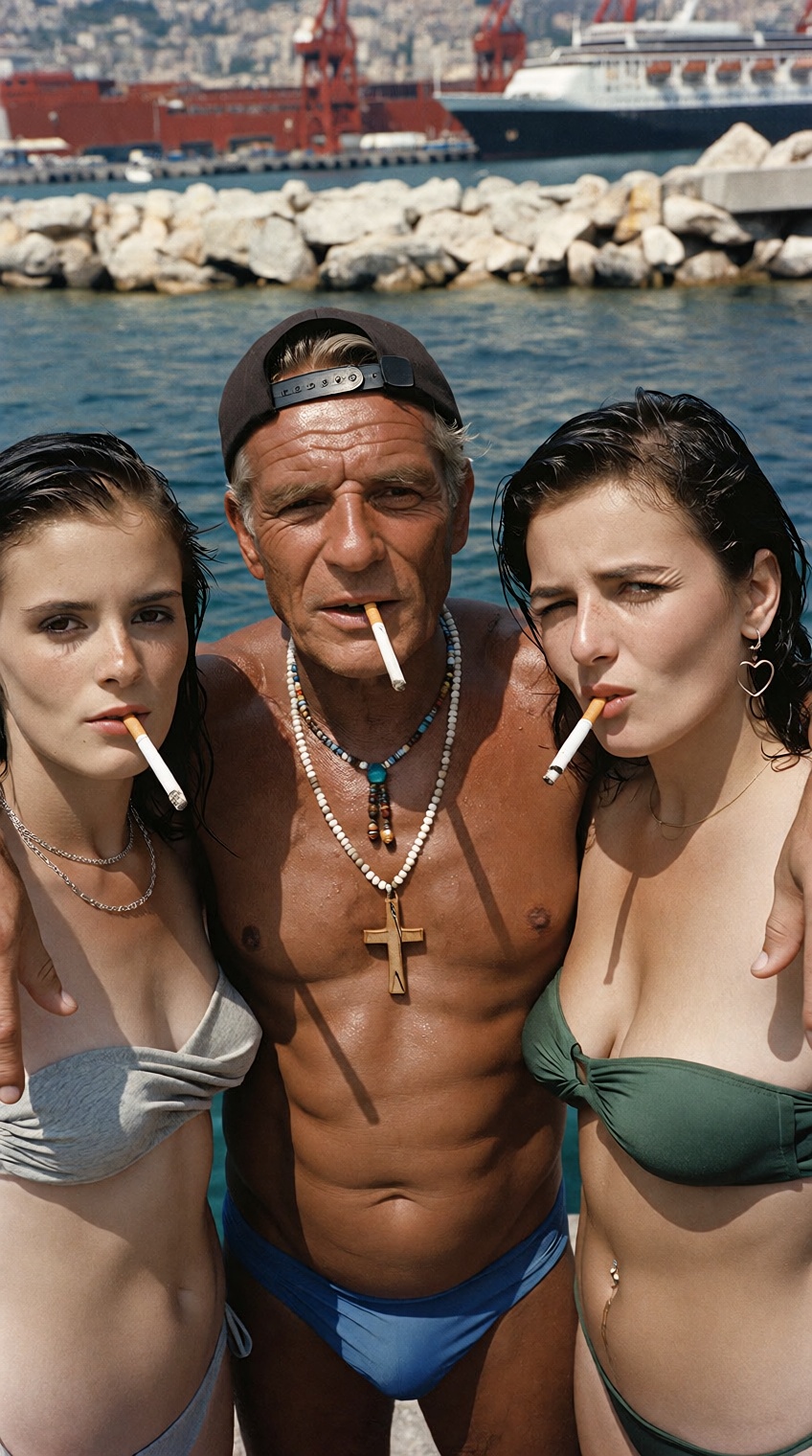 @charleshtraub,  A deeply tanned older man stands between two young women near a body of water,  with all three holding ci...