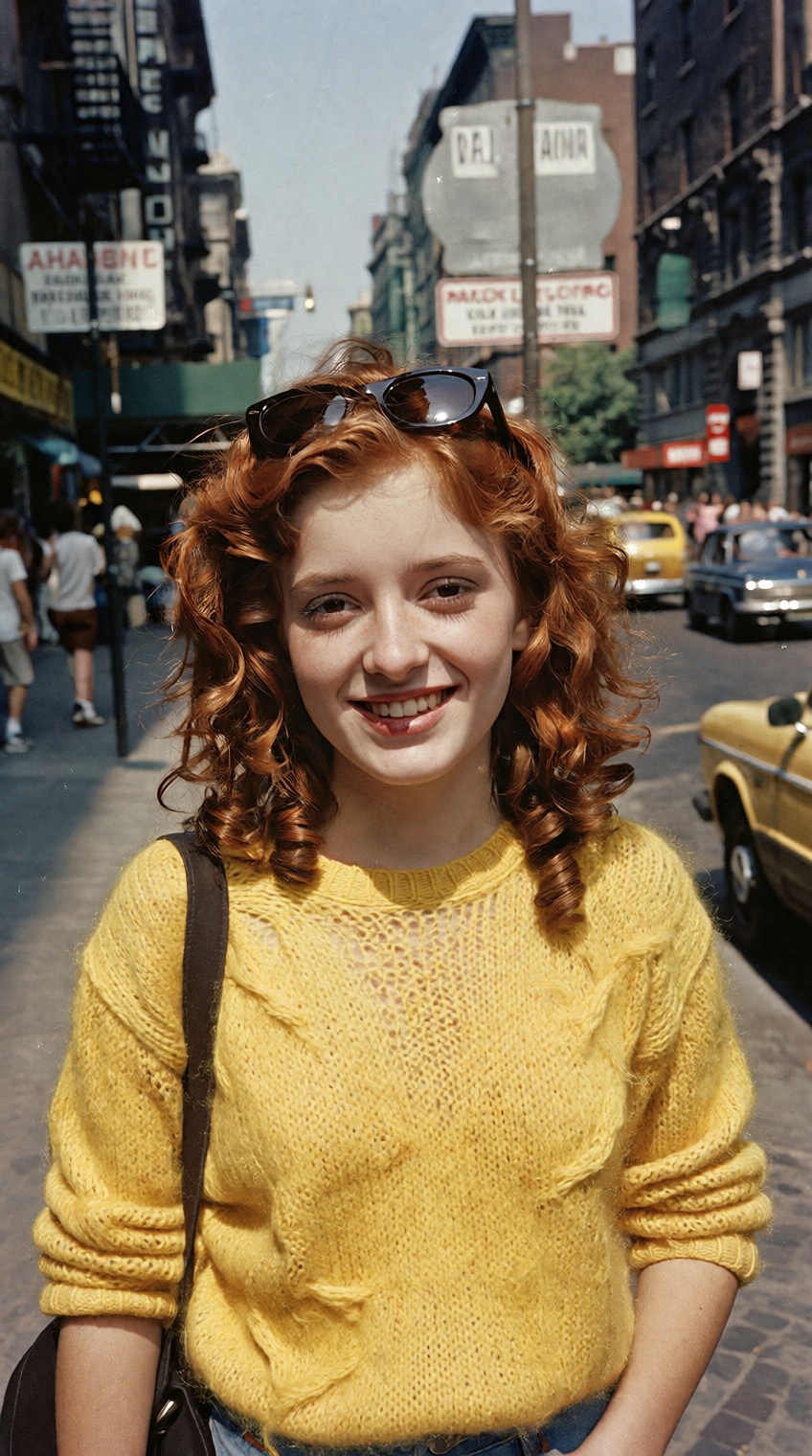 @charleshtraub,  A smiling woman with curly red hair stands on a city sidewalk. She wears a bright yellow knit sweater and...