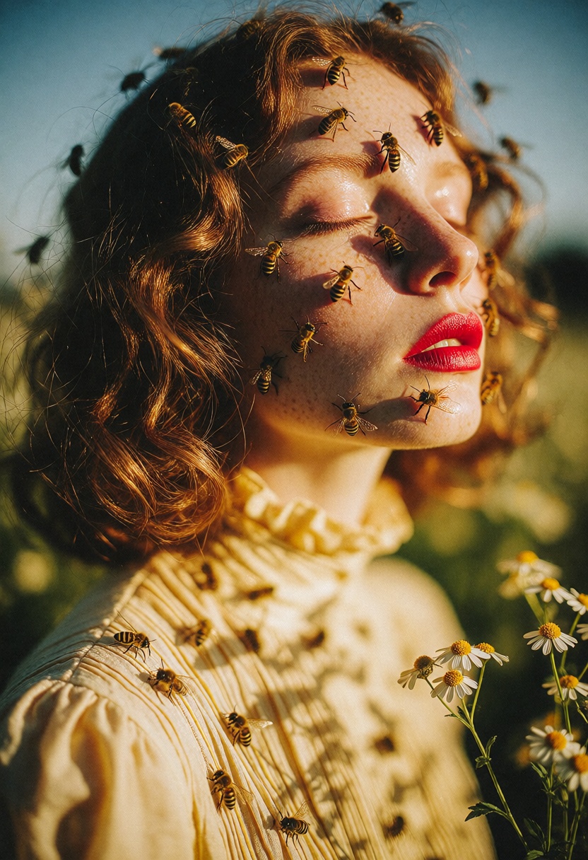 a striking and surreal portrait of a young woman with wavy,  reddish-brown hair,  closed eyes on Tensor.Art