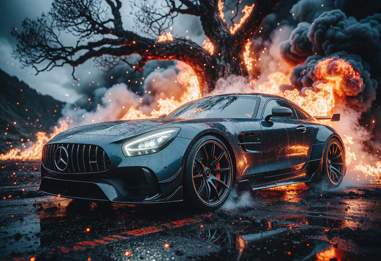 RAW ultra-realistic cinematic automotive photography of a high-performance German luxury sports coupe,  Mercedes-AMG GT-in...