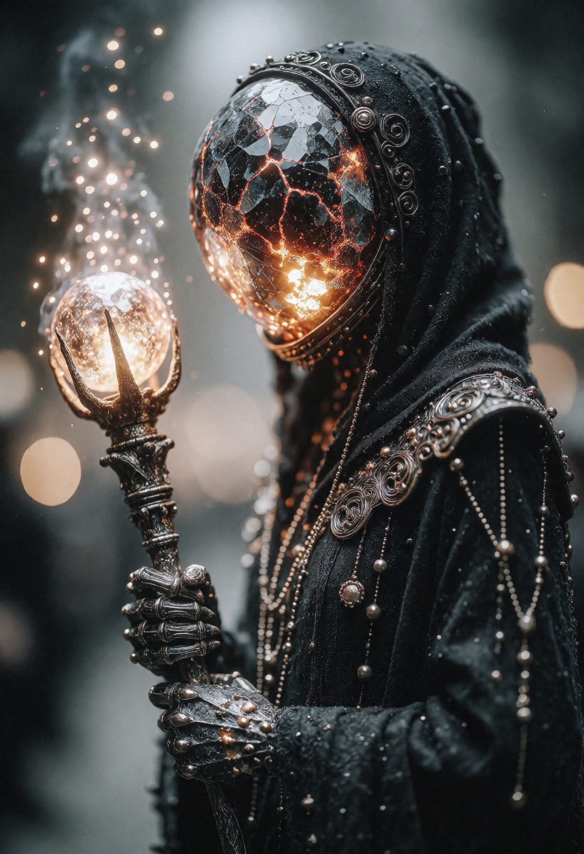 a mysterious and otherworldly figure with a dark,  gothic fantasy aesthetic. The character appears to be a sorceress or an...