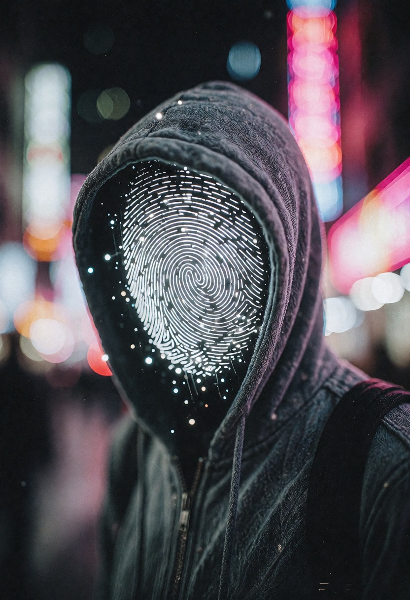a mysterious hooded figure standing in an urban environment at night,  illuminated by neon and city lights. However,  inst...