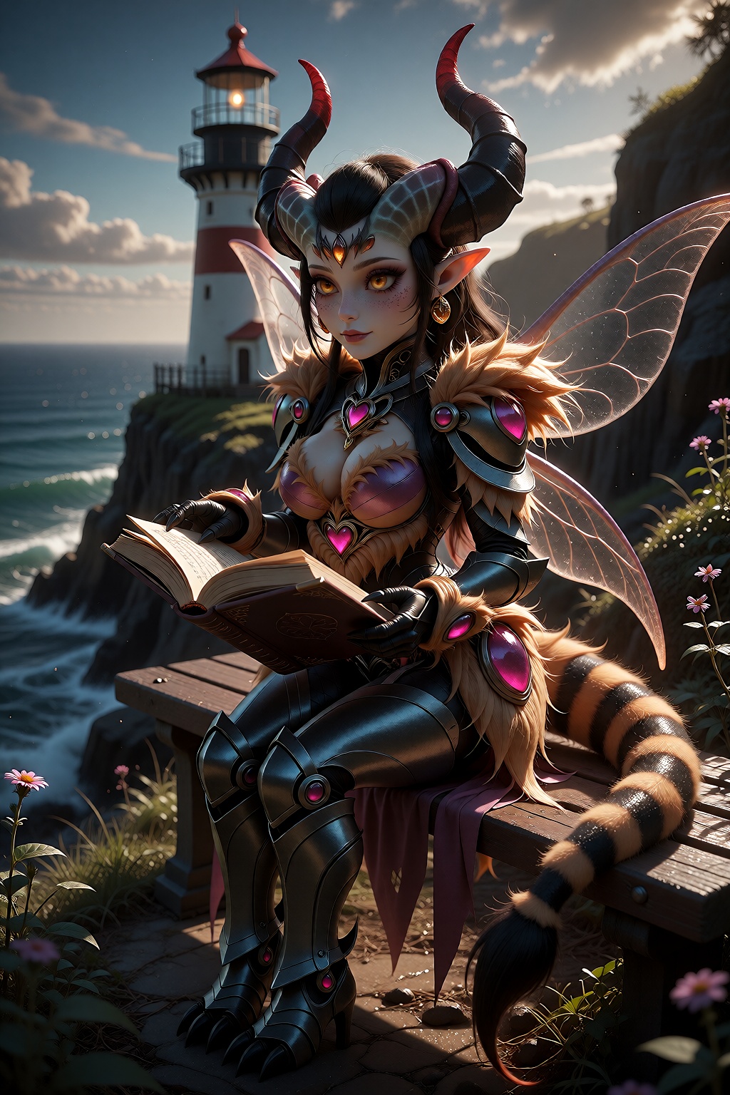 Vexora sitting gracefully on a wide wooden bench on the balcony of a tall classic lighthouse,  full body view,  mature bea...