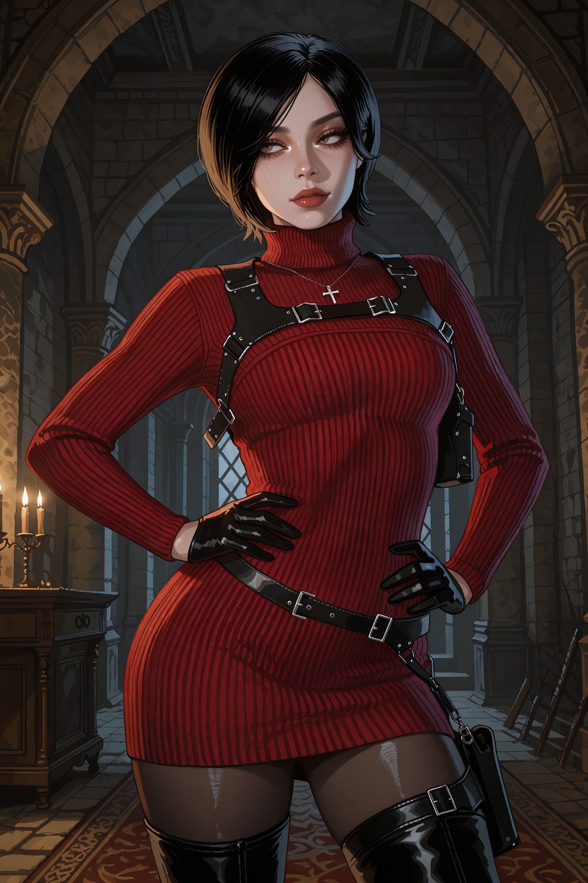 Vv.LXVIII - Centurion,  Vv.LXVIII - RE4R-Ada_Wong,  she is wearing a silver Catholic Cross necklace on Tensor.Art